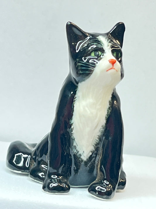 Miniature Porcelain Black and White Tuxedo Cat Sitting Up Figurine