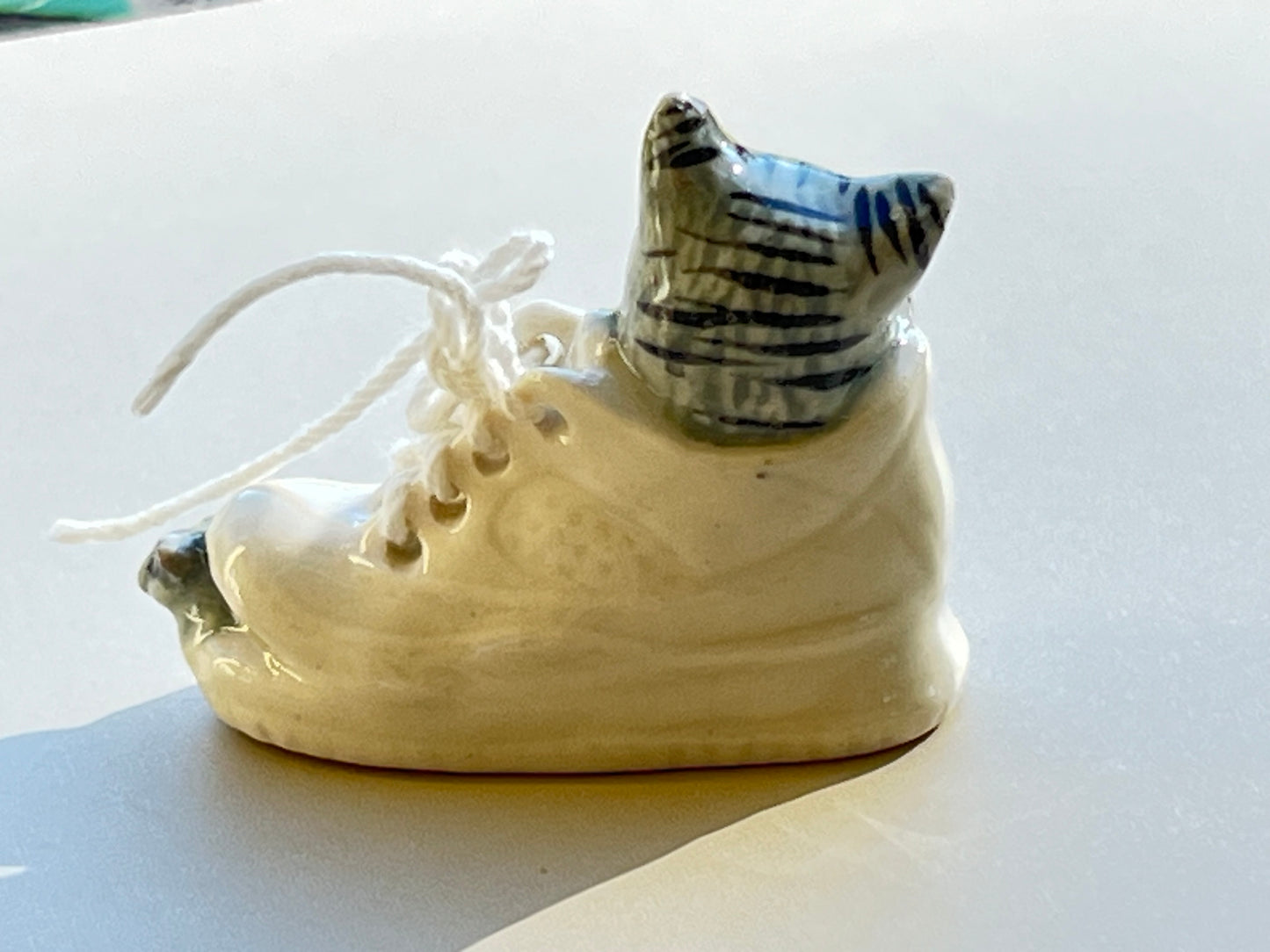 Miniature Porcelain Grey Cat Sleeping in Shoe With Mouse Figurine