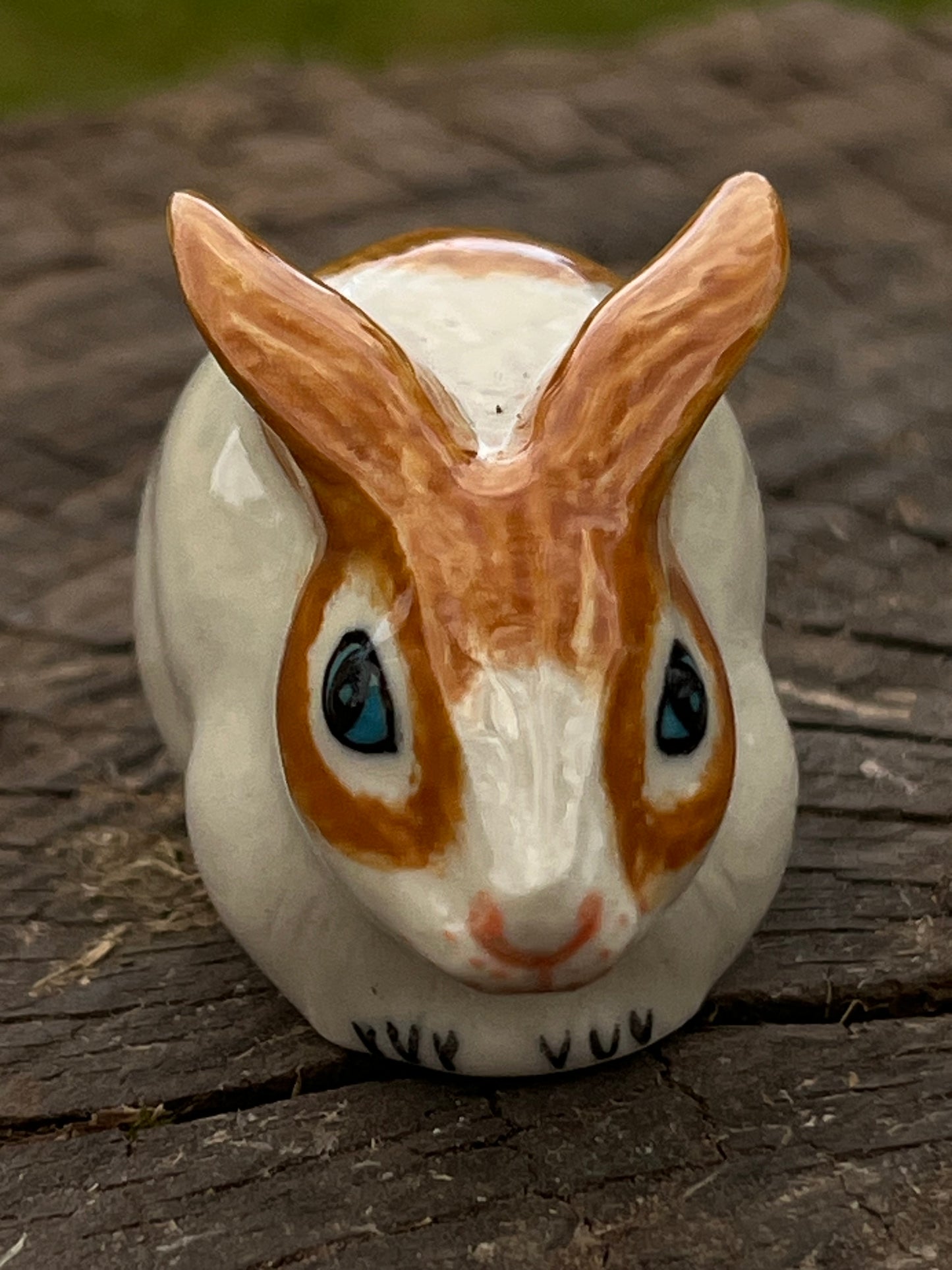 Miniature Porcelain Ginger and White Rabbit Sitting Ears Down Figurine