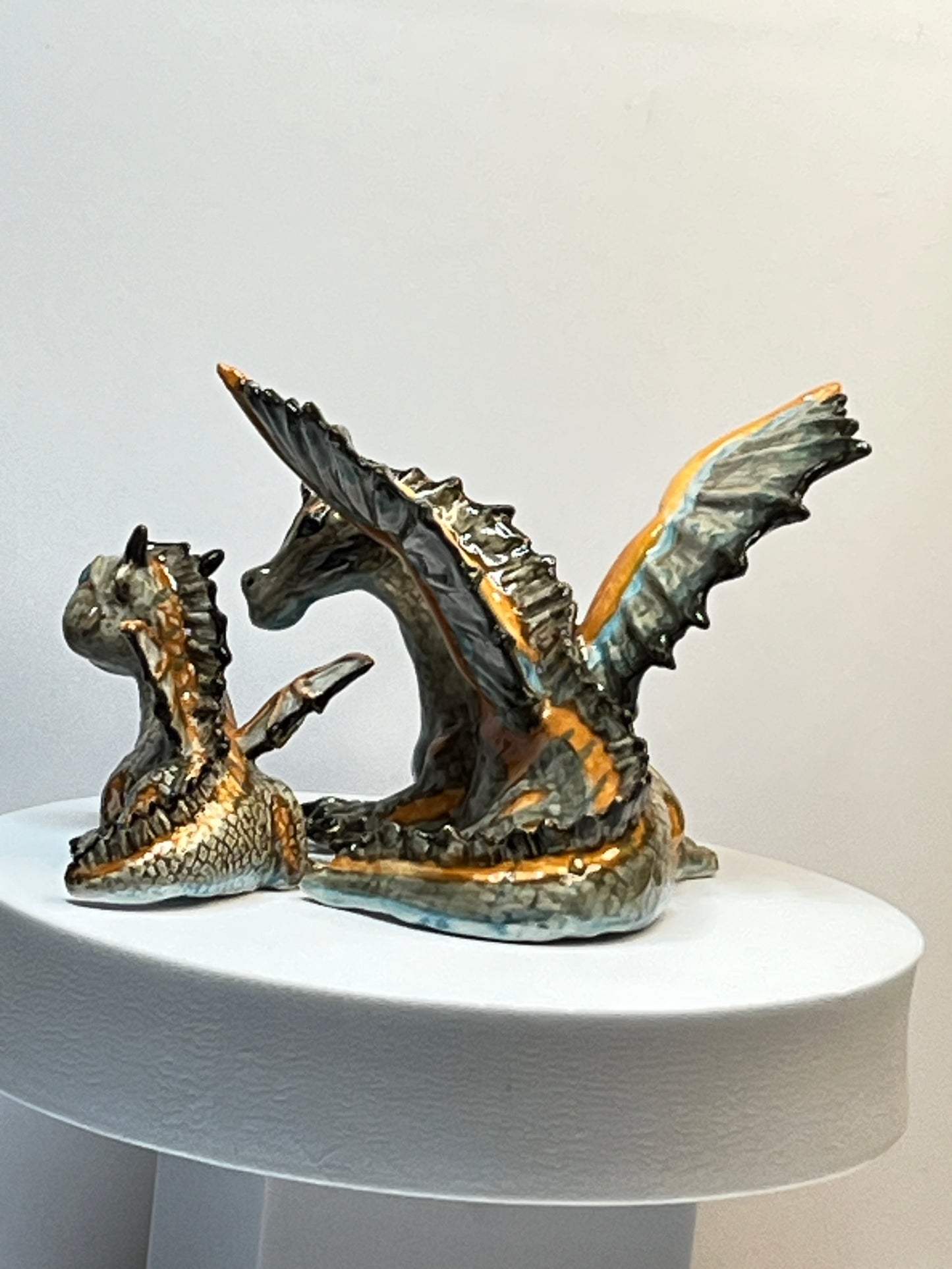 Large Porcelain Mother Dragon and Baby Dragon Figurine Set