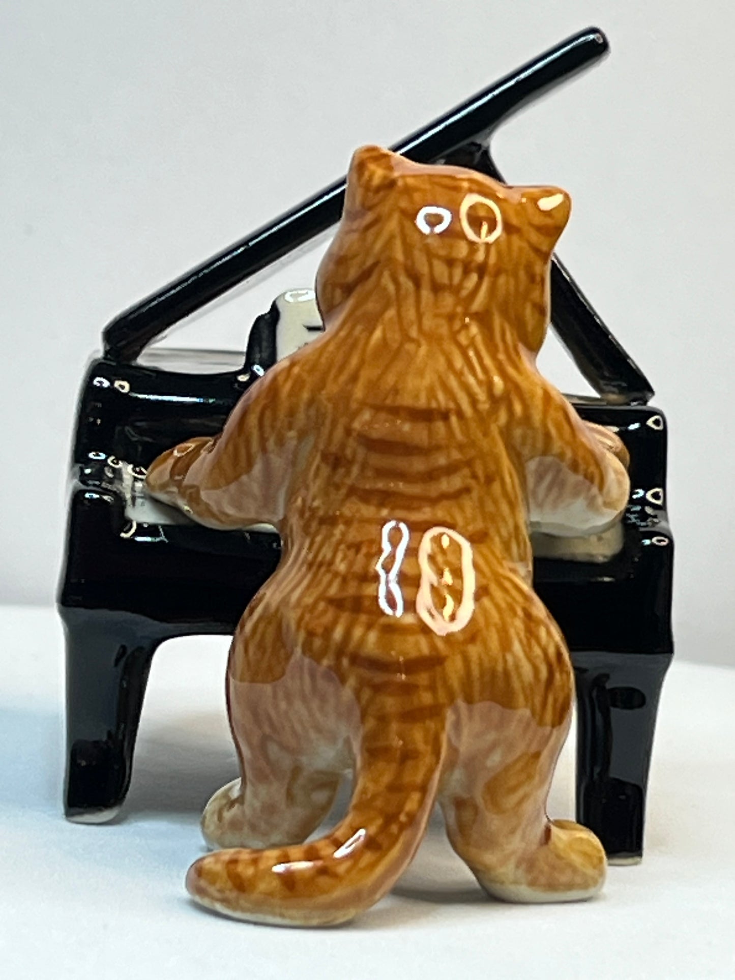 Miniature Porcelain Musical Ginger Cat Figurine Playing Piano