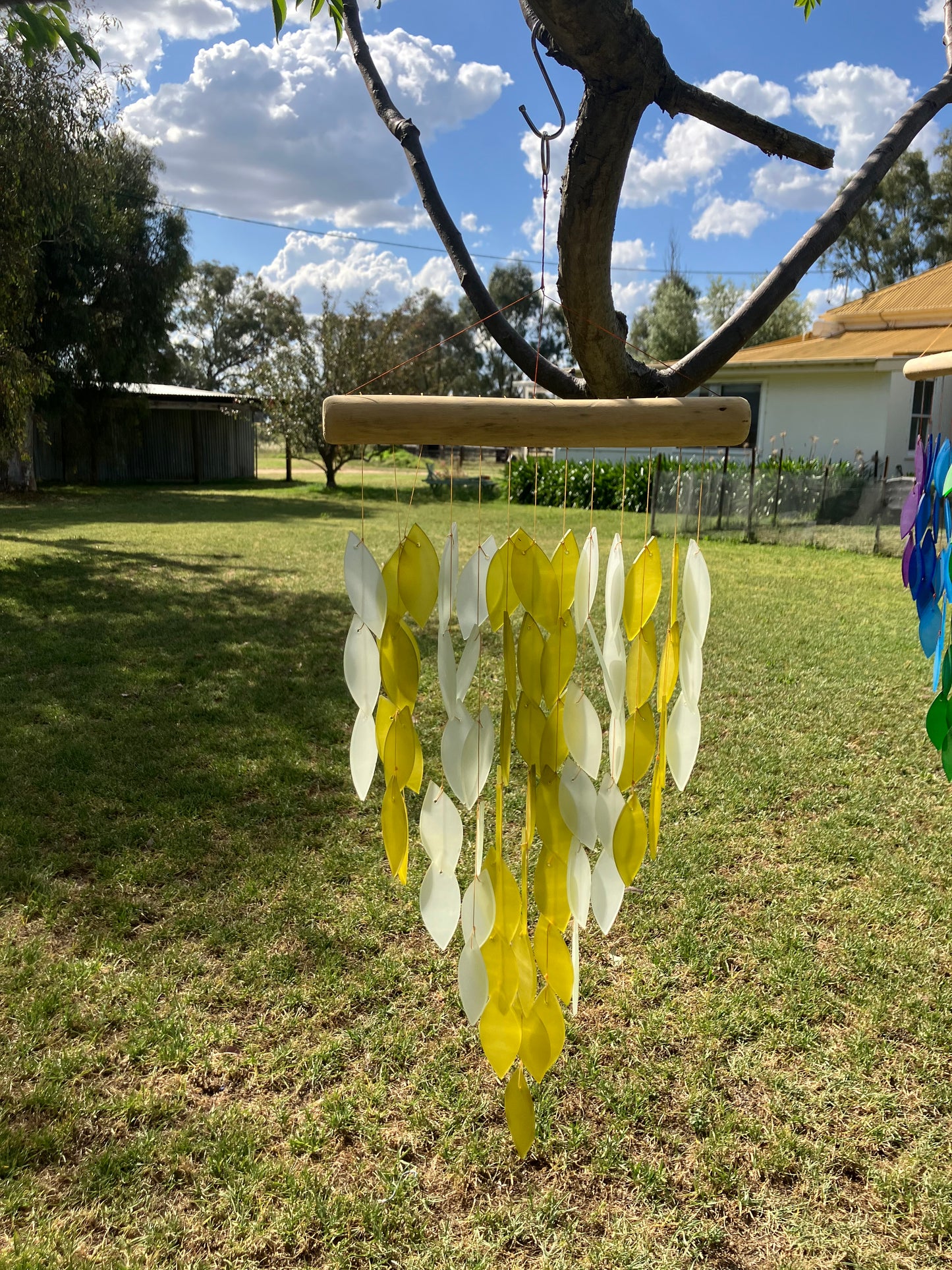 Green and White Glass  Wind Chime With Driftwood