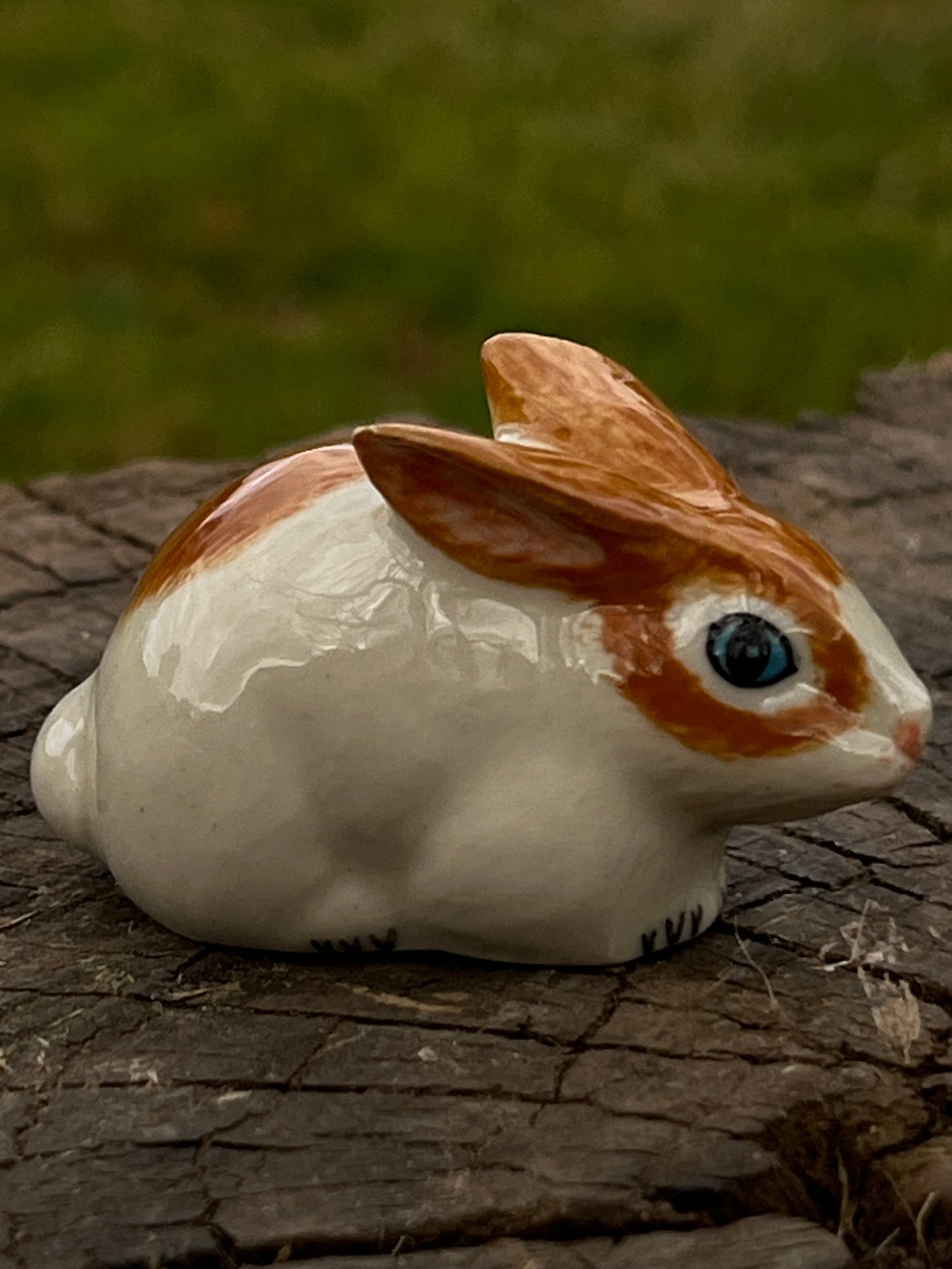 Miniature Porcelain Ginger and White Rabbit Sitting Ears Down Figurine