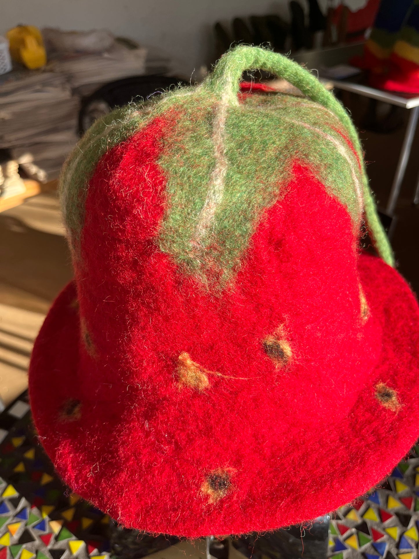 Red  Strawberry Felted Hat With Long Tail