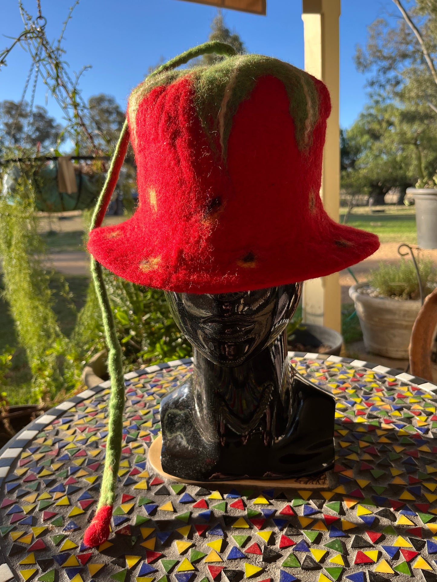 Red  Strawberry Felted Hat With Long Tail