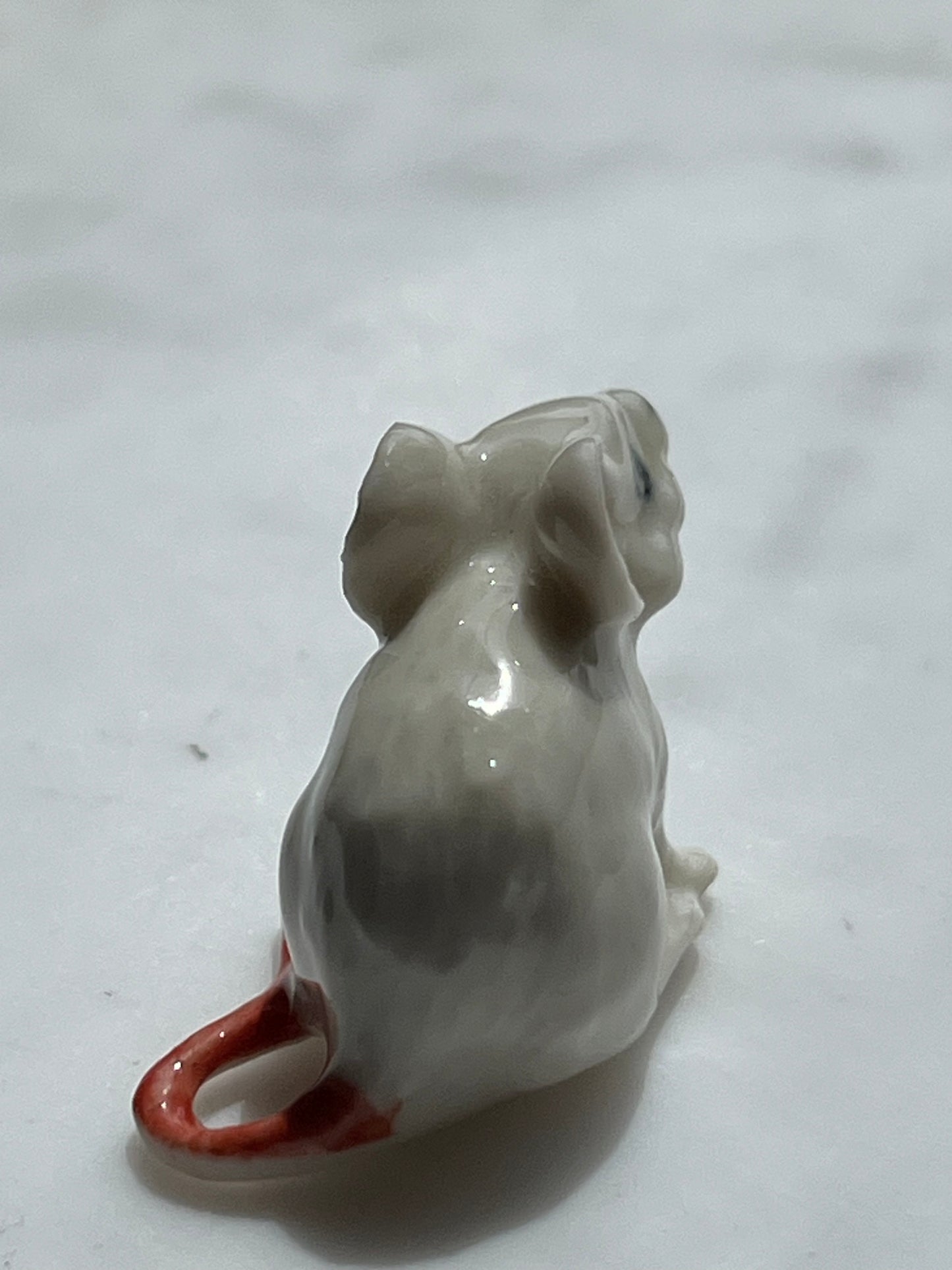 Miniature Porcelain White Mouse Figurine with Curled Tail