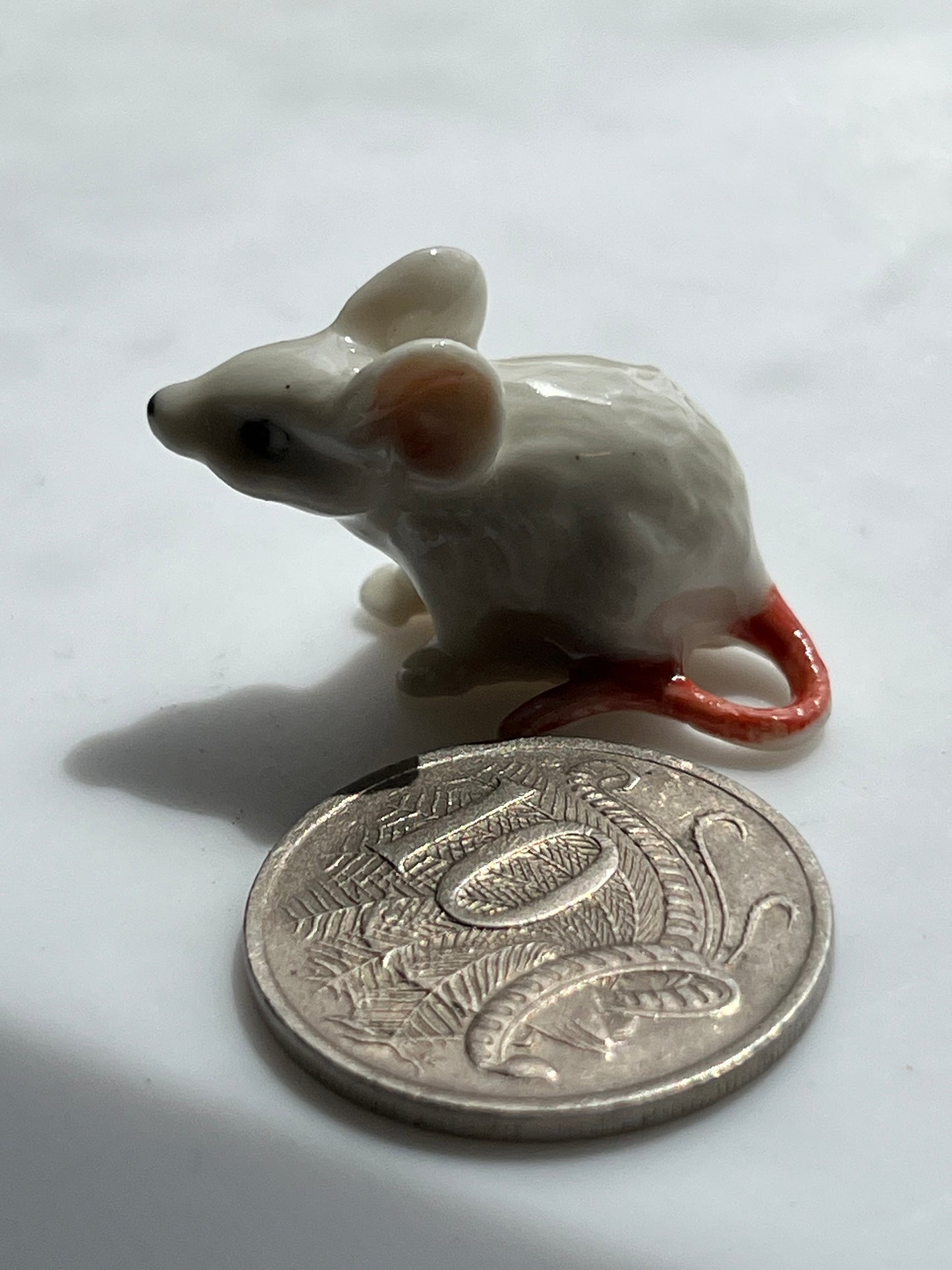 Miniature Porcelain White Mouse Figurine with Curled Tail
