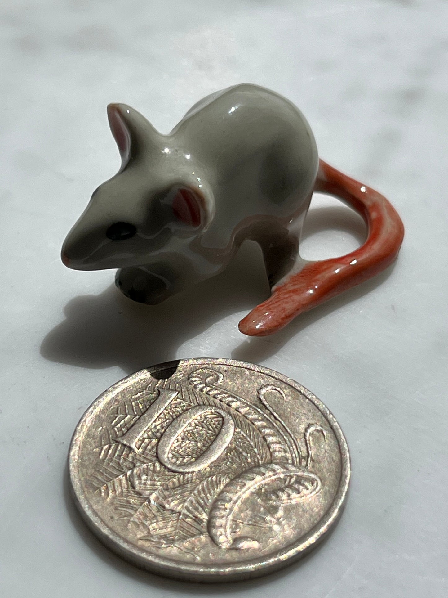 Miniature Porcelain White Rat/Mouse Figurine with Curled Tail