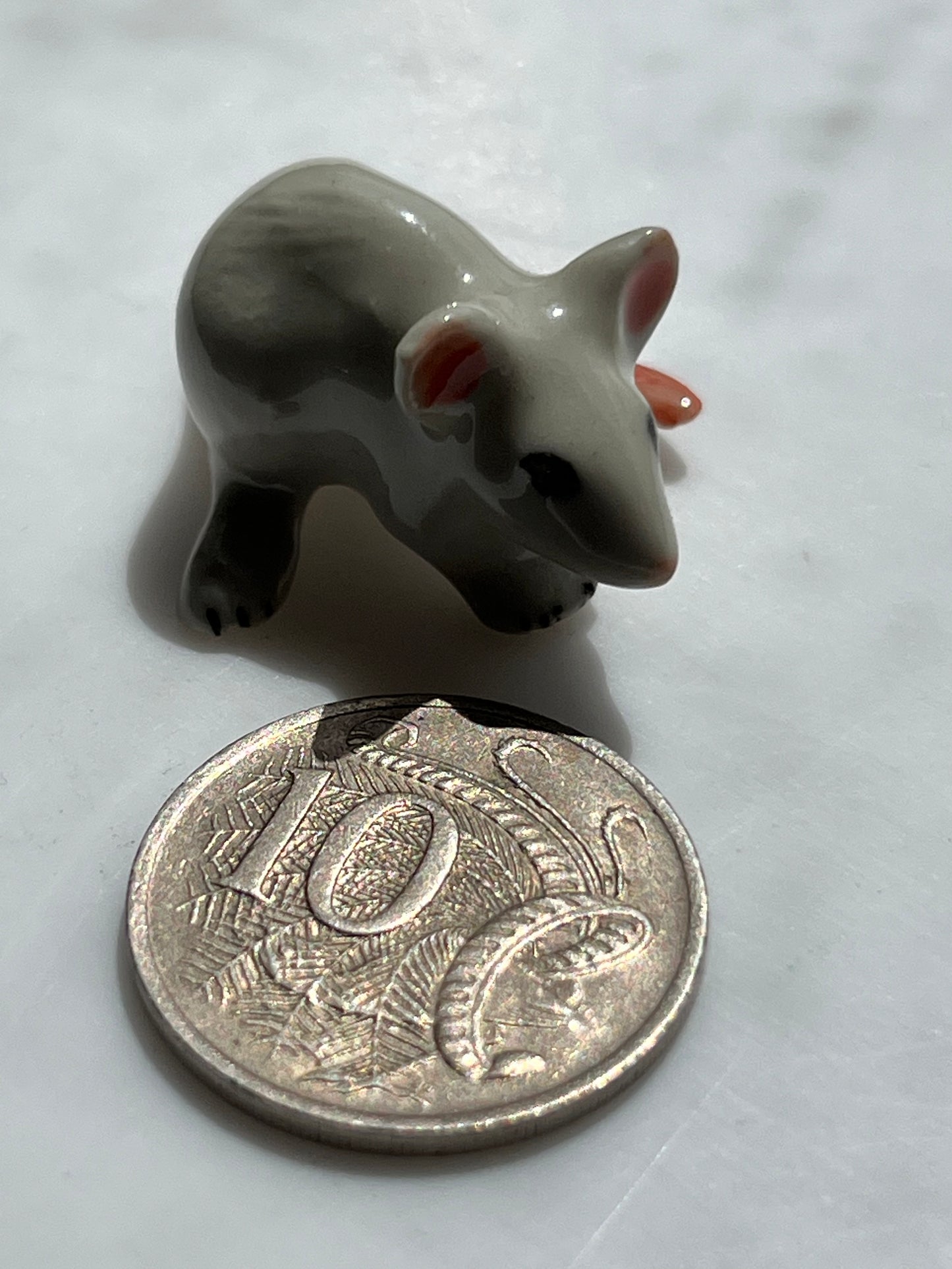 Miniature Porcelain White Rat/Mouse Figurine with Curled Tail