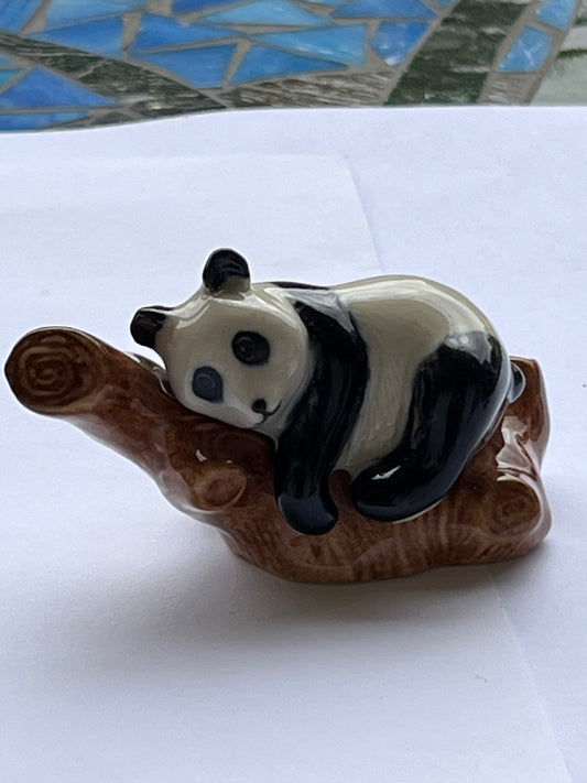 Miniature Porcelain Panda Sleeping on Log 2pcs