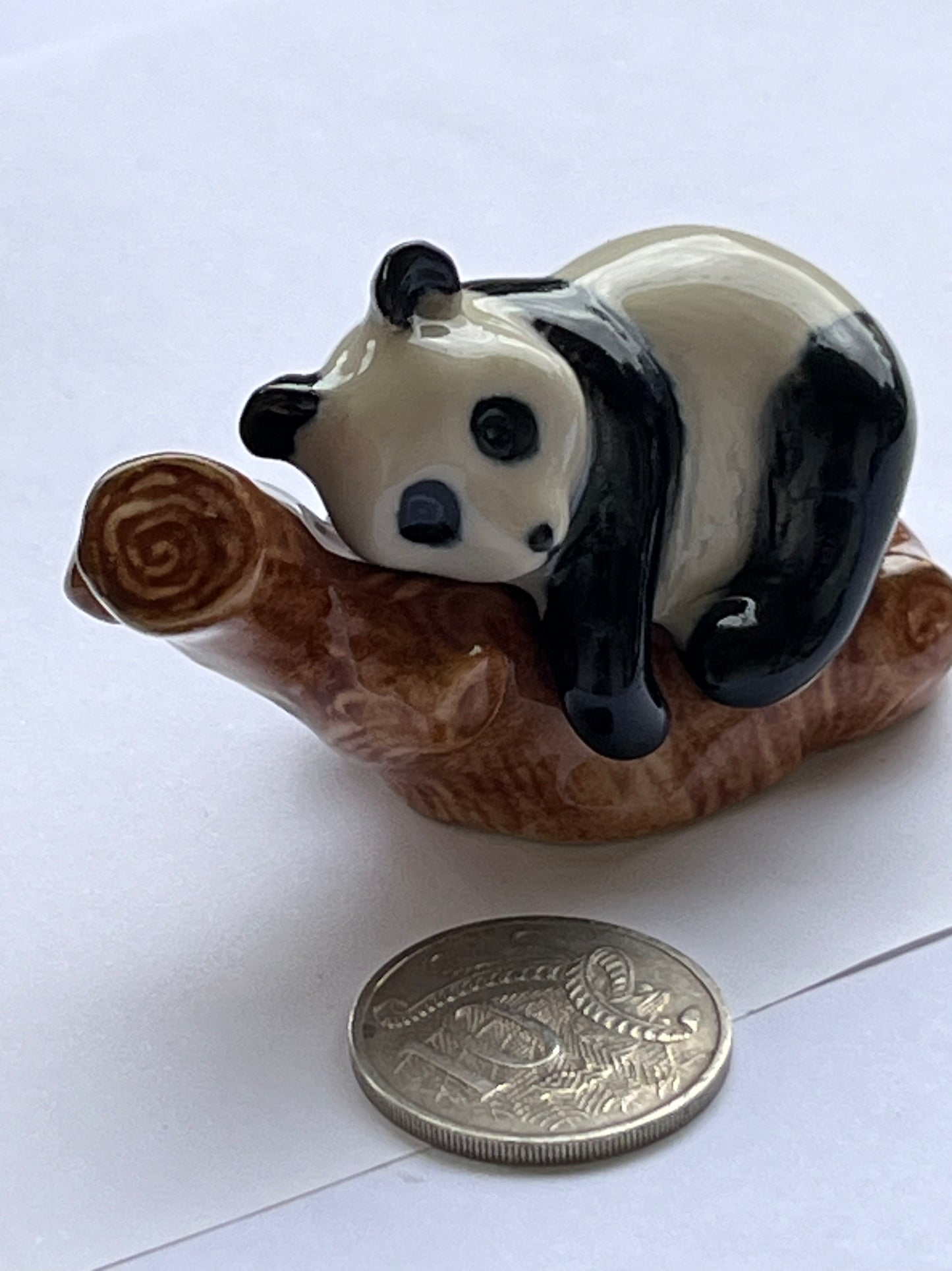 Miniature Porcelain Panda Sleeping on Log 2pcs