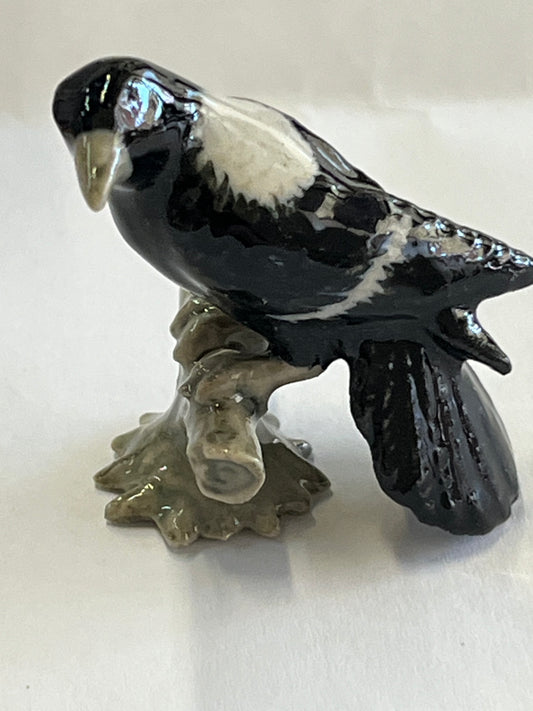 Miniature Porcelain Bird Figurine Magpie On Log (medium)