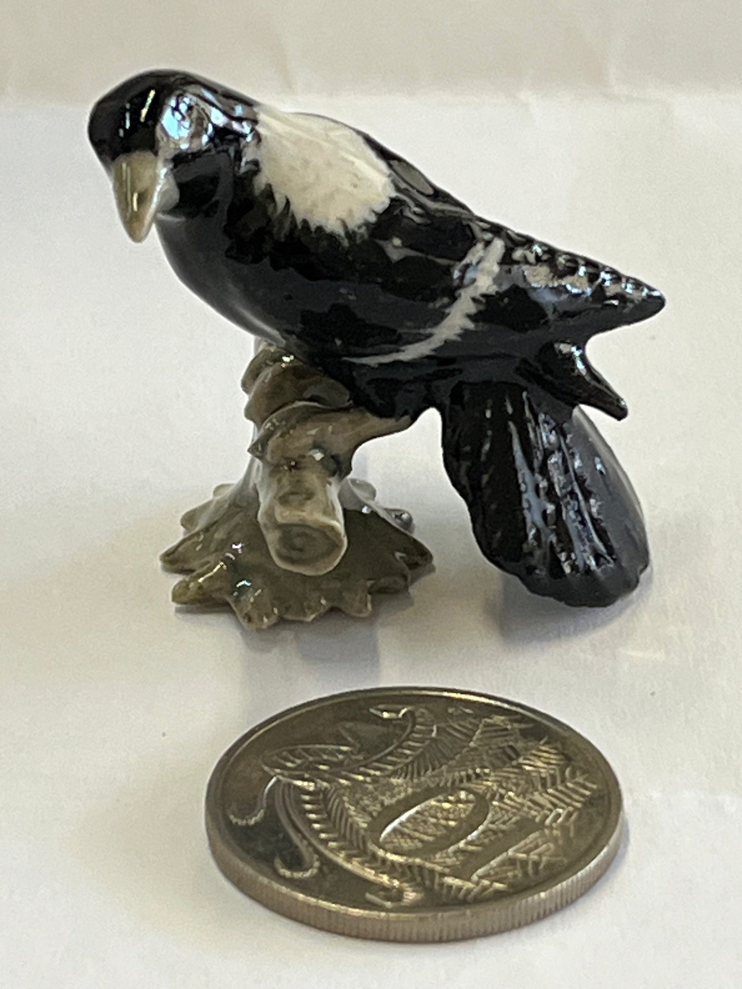 Miniature Porcelain Bird Figurine Magpie On Log (medium)