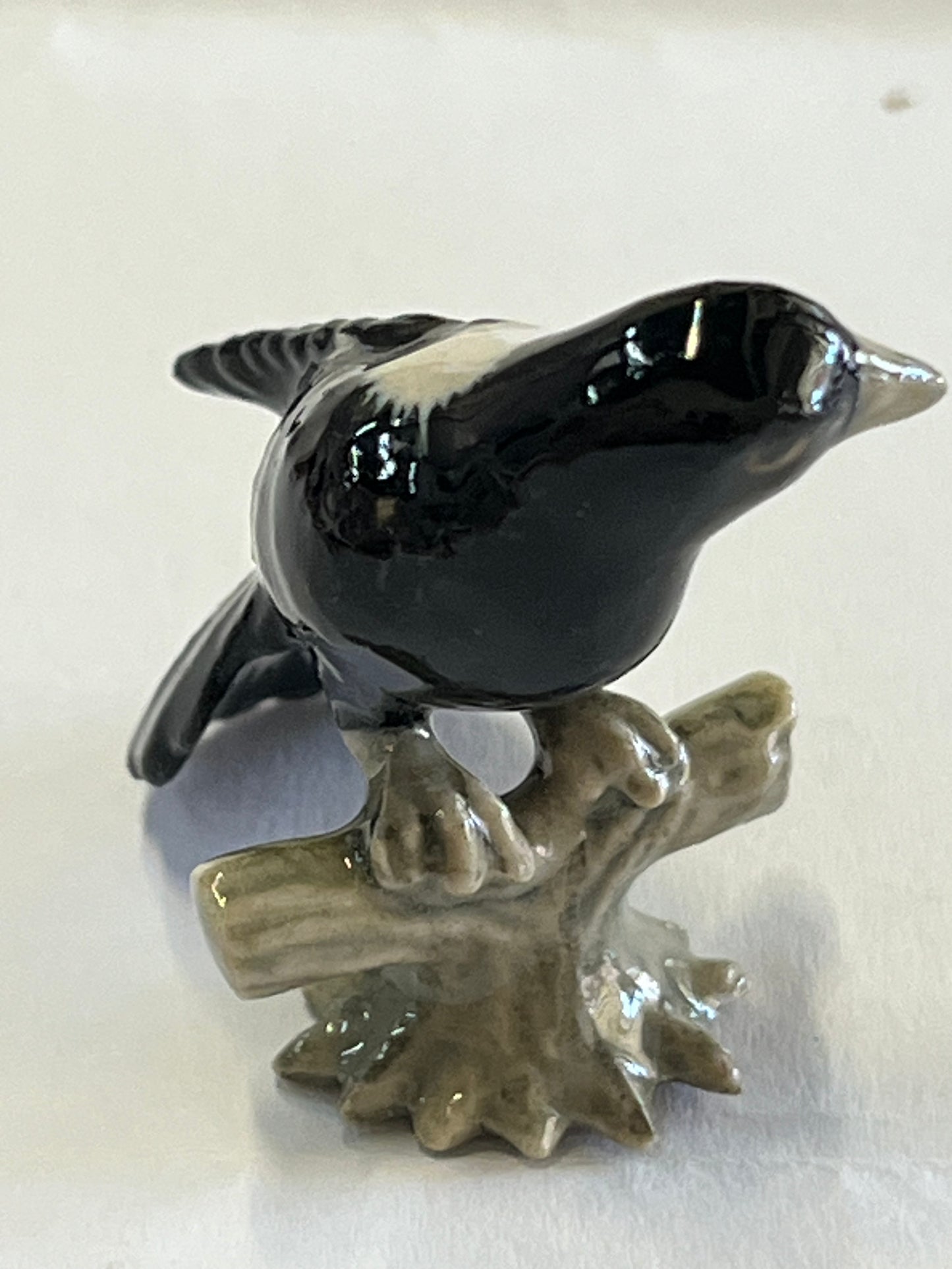 Miniature Porcelain Bird Figurine Magpie On Log (medium)