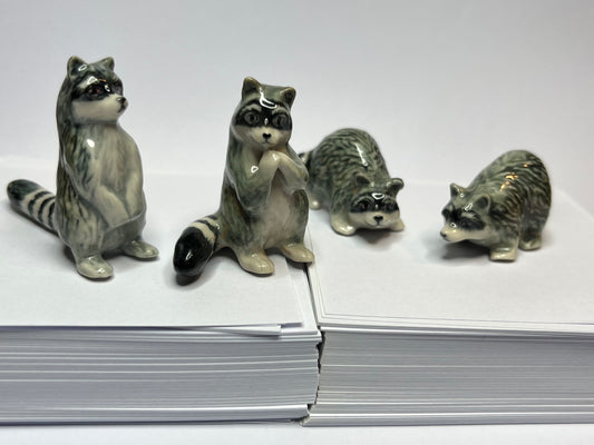 Miniature Porcelain Raccoon Family 4pcs