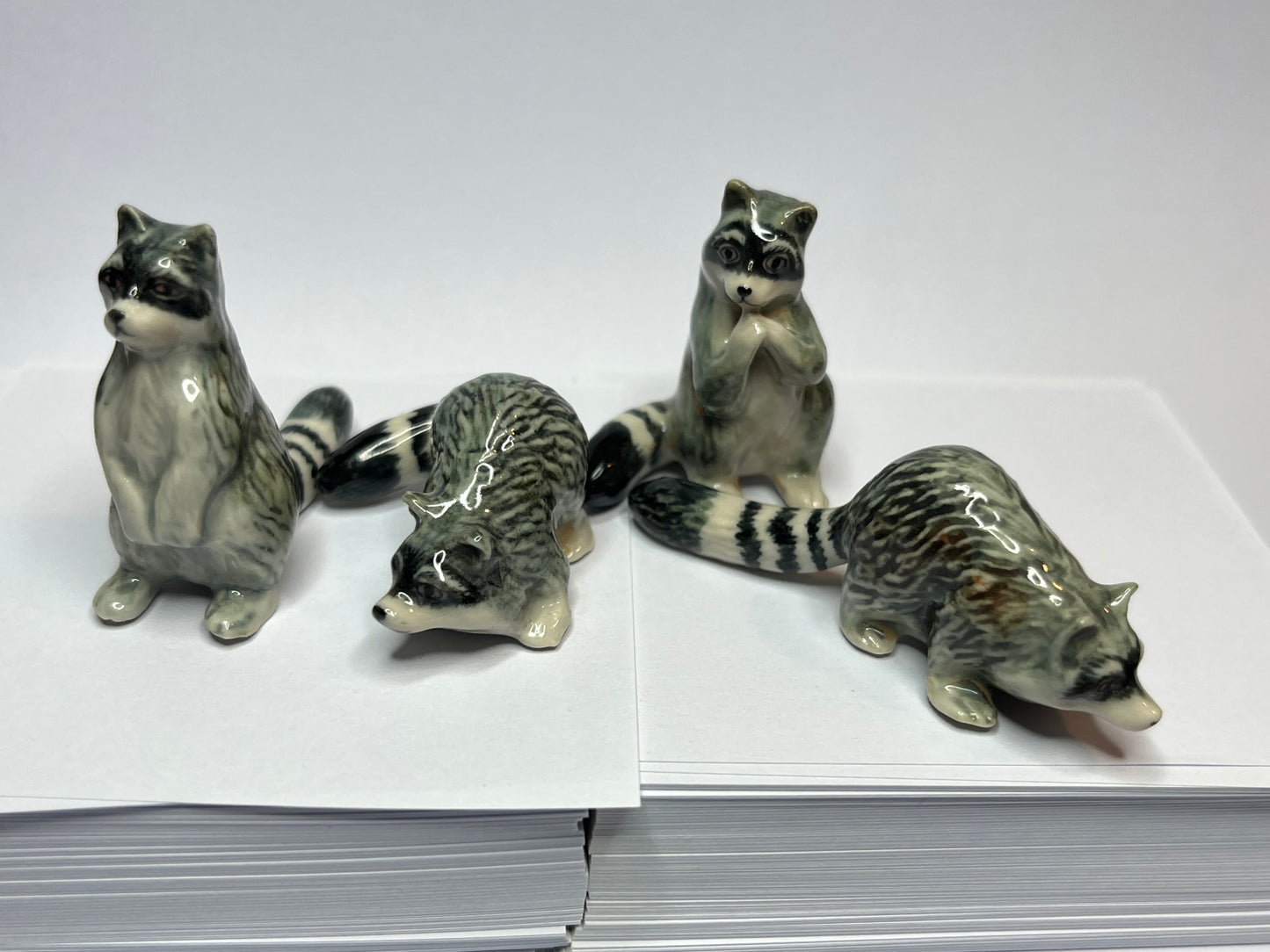 Miniature Porcelain Raccoon Family 4pcs