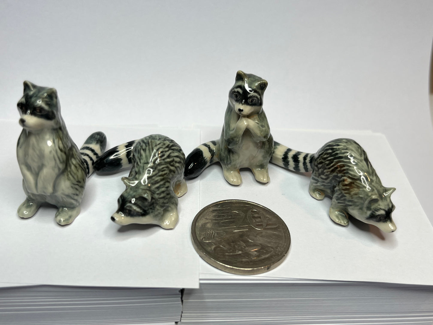 Miniature Porcelain Raccoon Family 4pcs