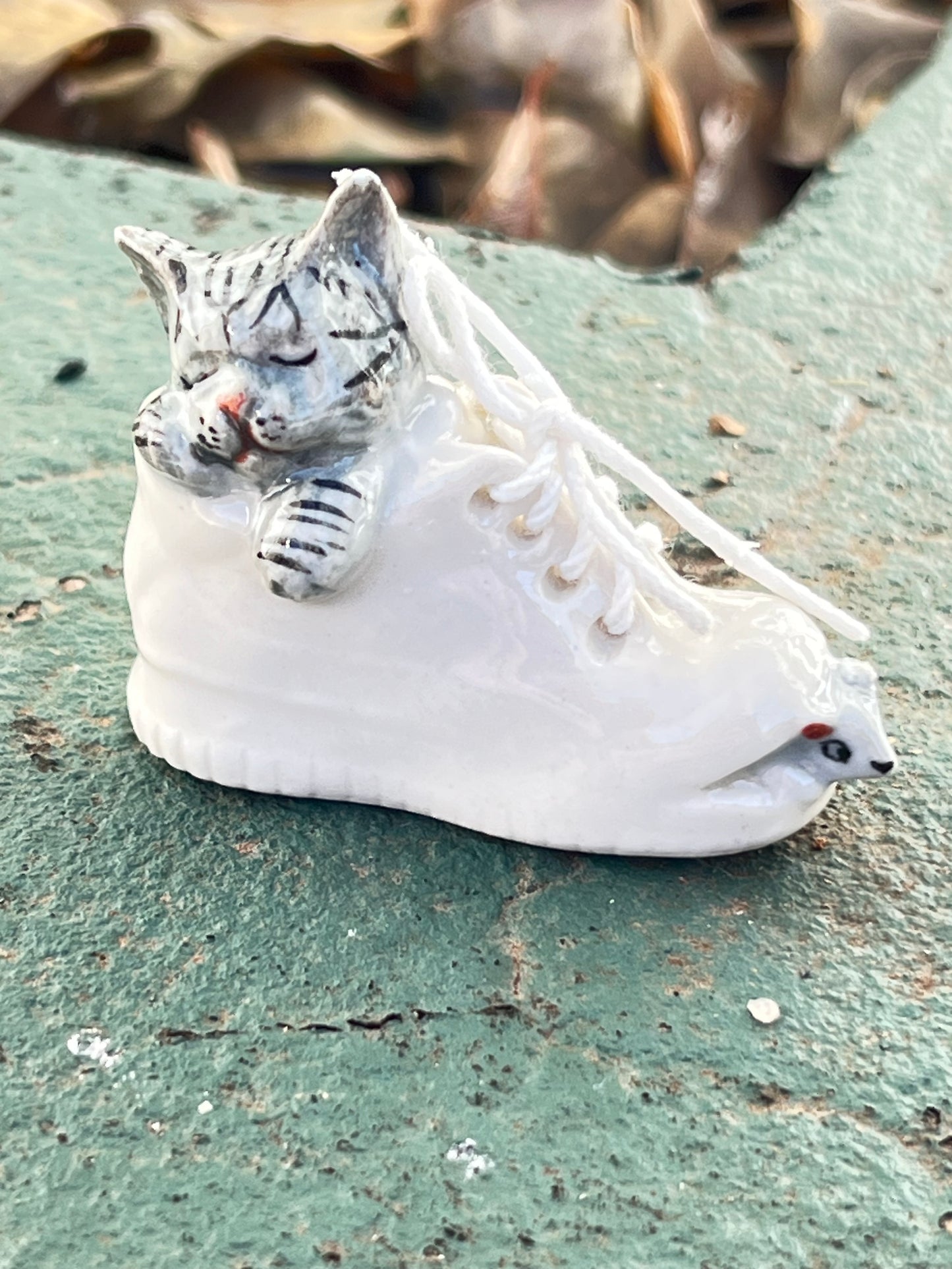 Miniature Porcelain Grey Cat Sleeping in Shoe With Mouse Figurine