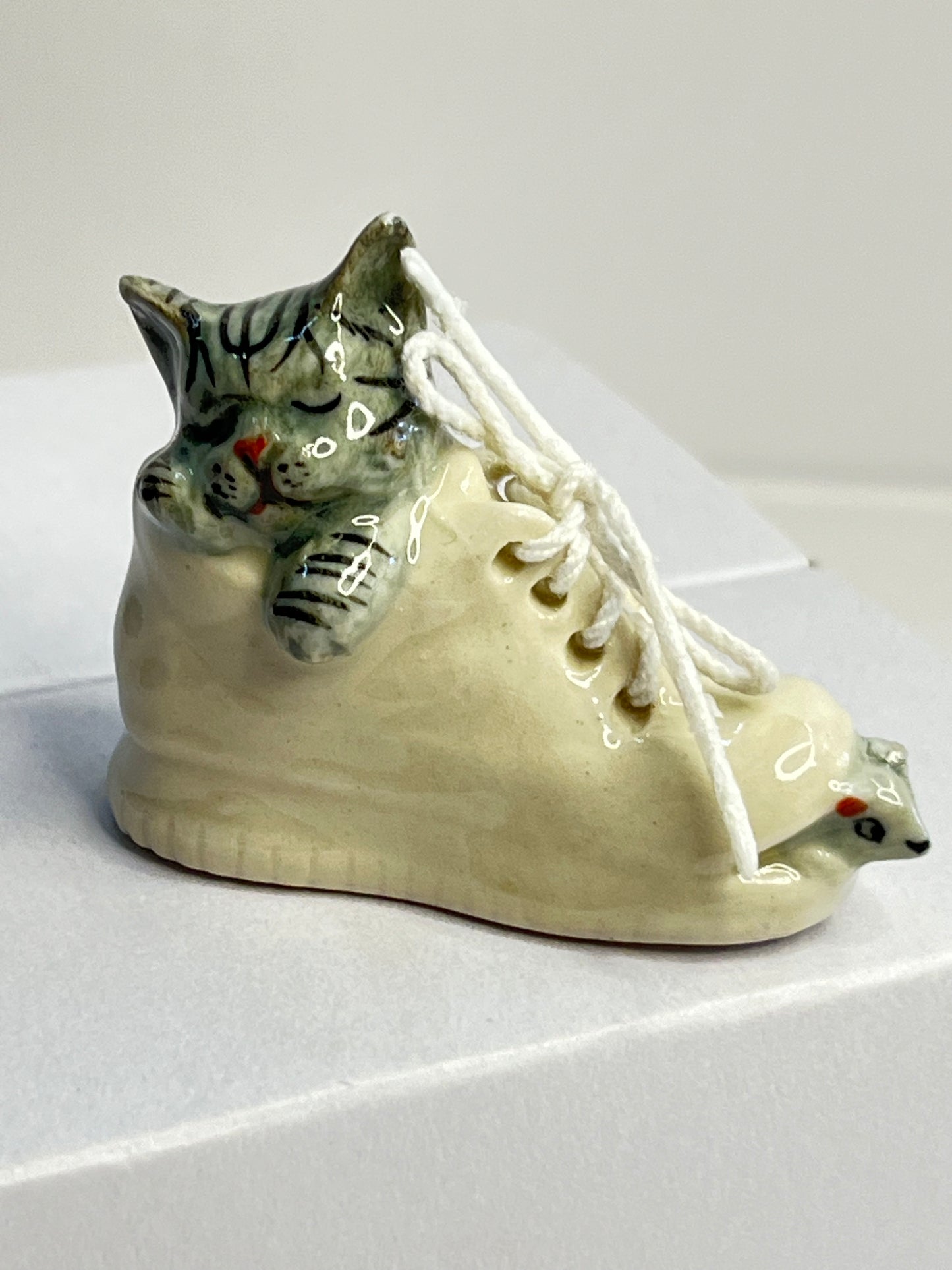 Miniature Porcelain Grey Cat Sleeping in Shoe With Mouse Figurine