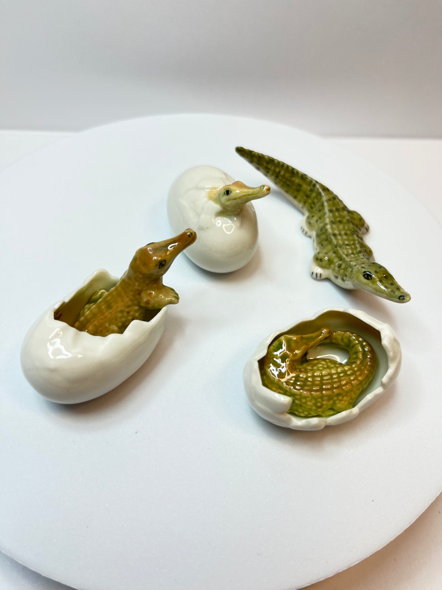 Miniature Crocodile Hatching Figurine Set- Porcelain Baby Crocodiles in Eggs