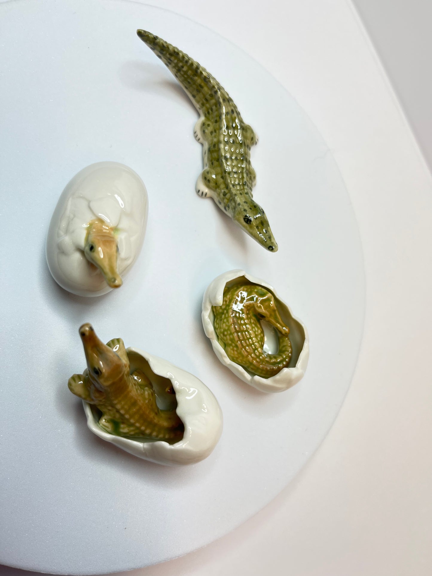 Miniature Crocodile Hatching Figurine Set- Porcelain Baby Crocodiles in Eggs