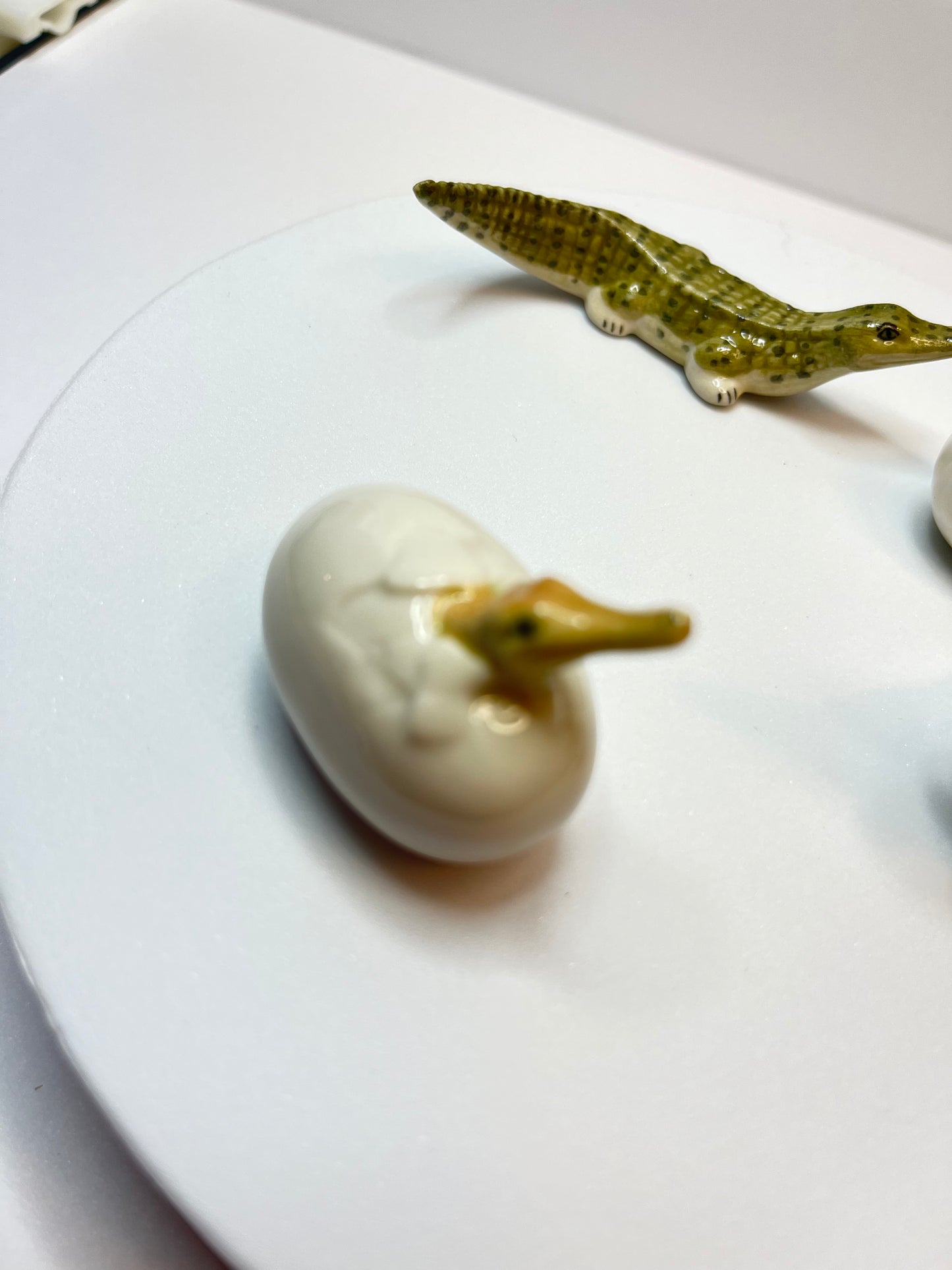 Miniature Crocodile Hatching Figurine Set- Porcelain Baby Crocodiles in Eggs