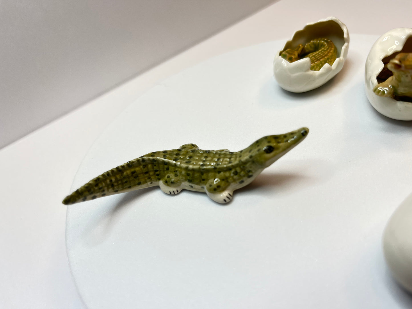 Miniature Crocodile Hatching Figurine Set- Porcelain Baby Crocodiles in Eggs