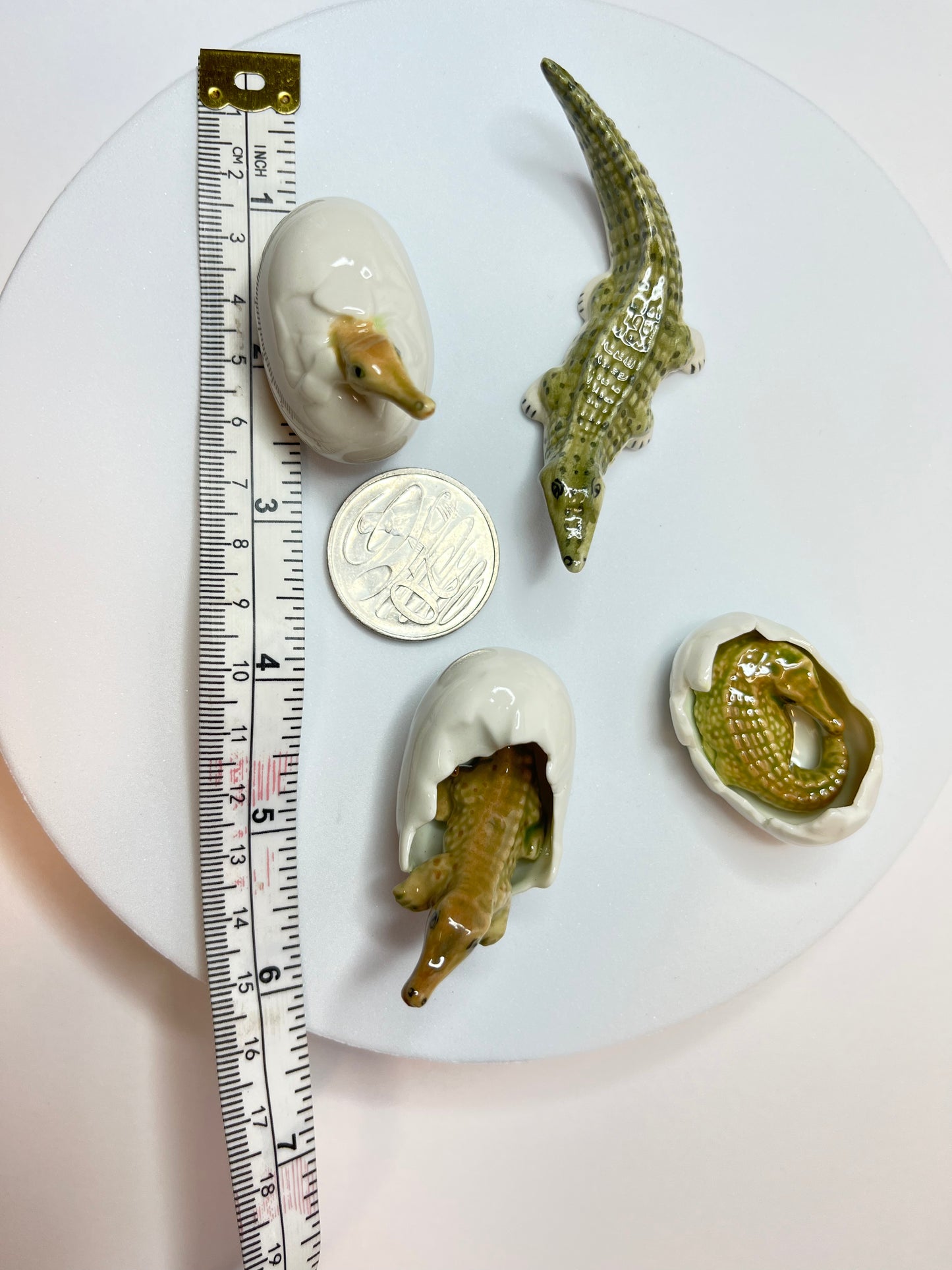 Miniature Crocodile Hatching Figurine Set- Porcelain Baby Crocodiles in Eggs
