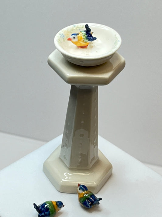 Miniature Bird Bath With Colourful Birds Porcelain Figurine Set