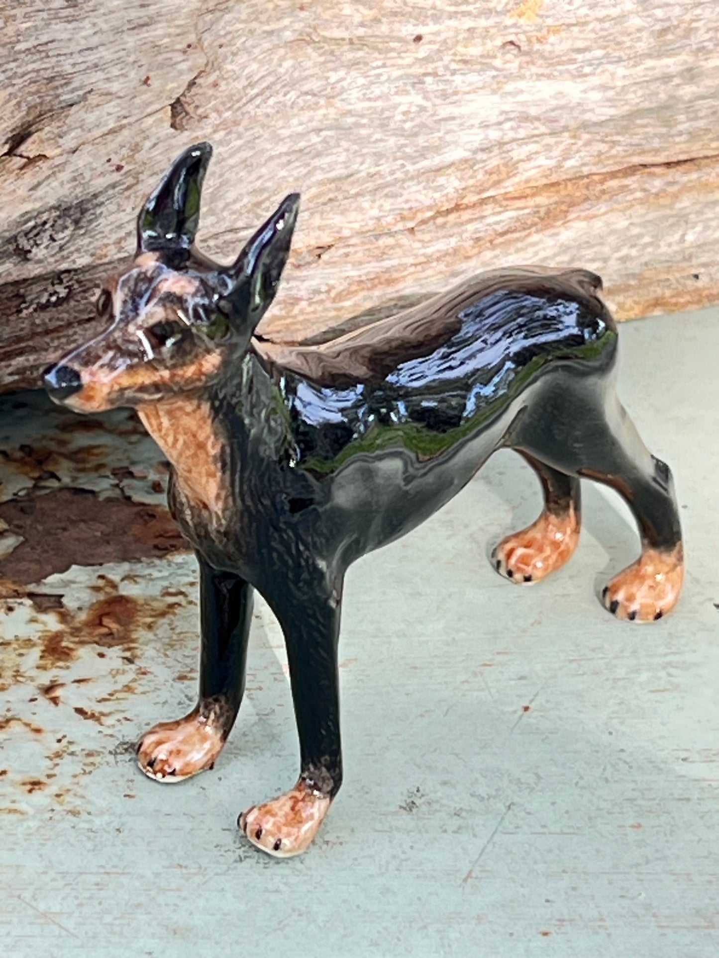 Miniature Porcelain Doberman Dog With Pointed Ears Figurine