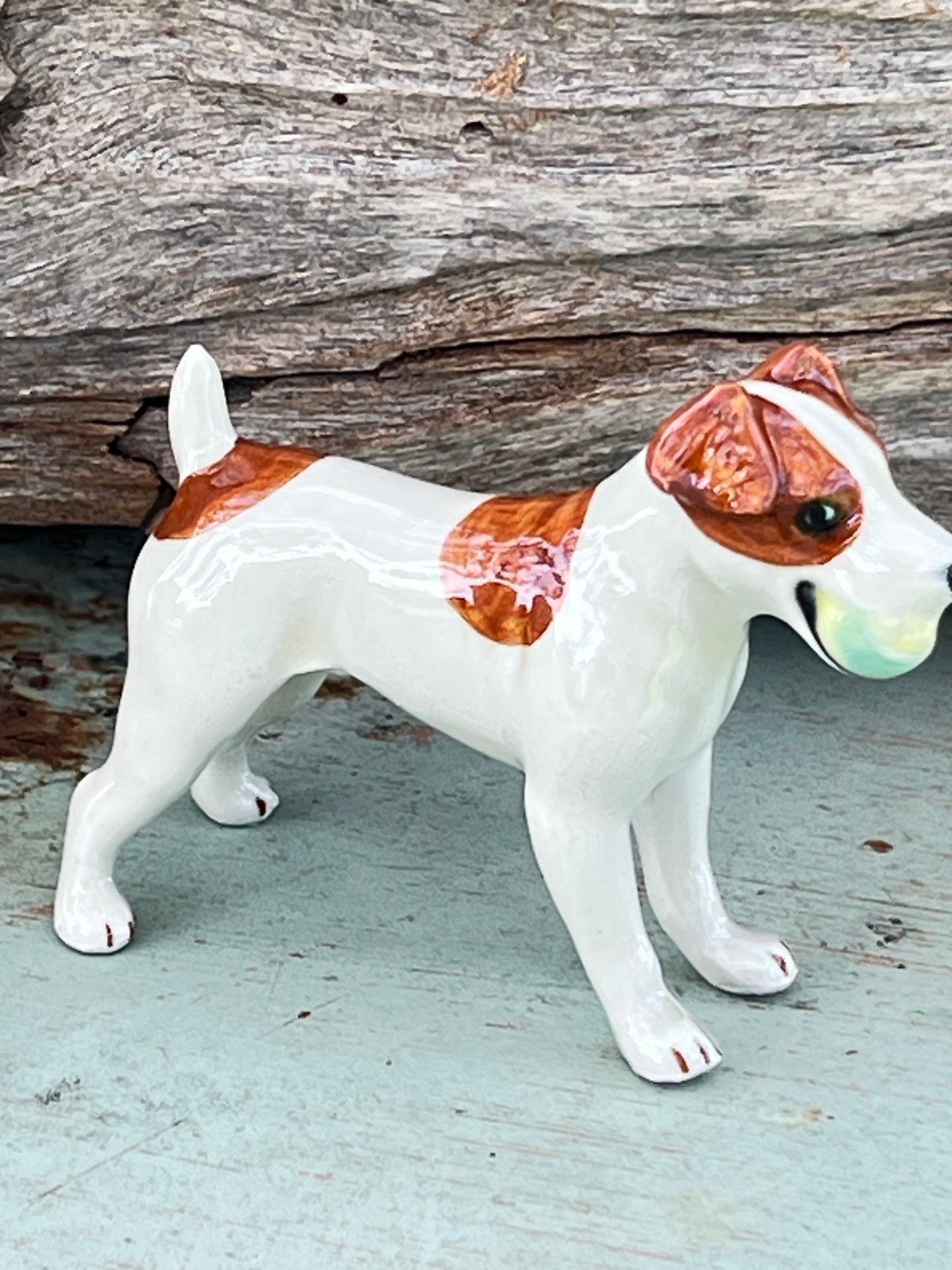 Miniature Porcelain Dog Figurine Brown And White Jack Russell Terrier With Ball