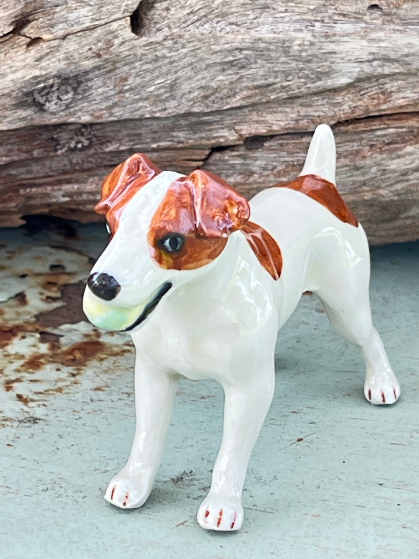 Miniature Porcelain Dog Figurine Brown And White Jack Russell Terrier With Ball