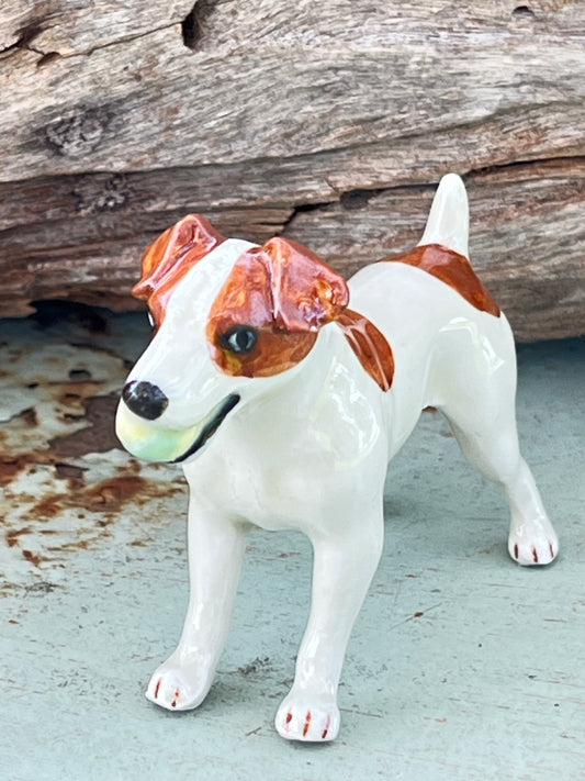 Miniature Porcelain Dog Figurine Brown And White Jack Russell Terrier With Ball