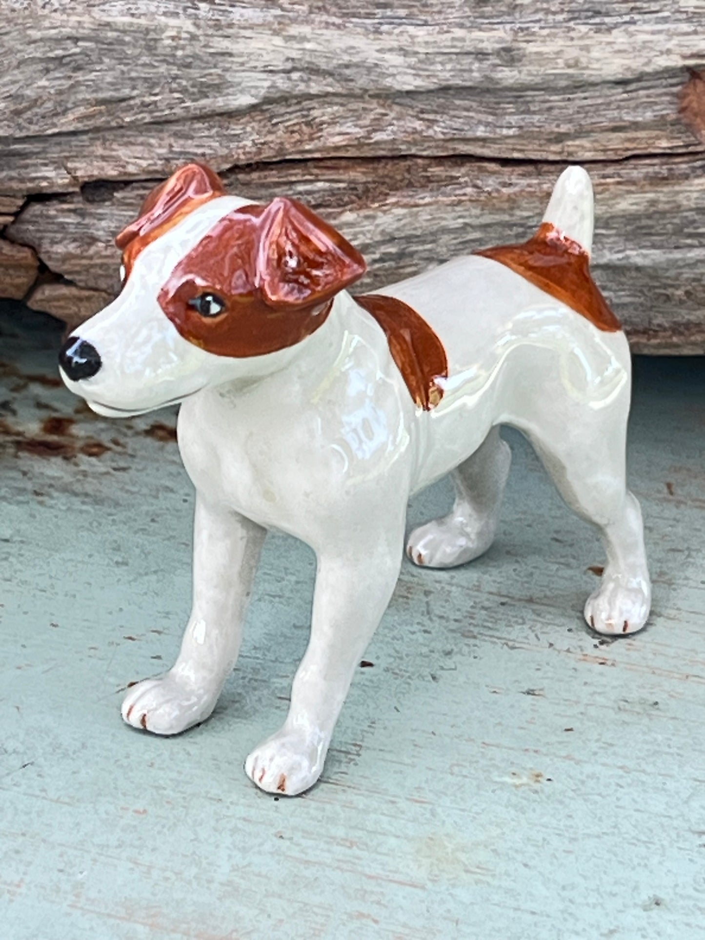Miniature Porcelain Dog Figurine Brown And White Jack Russell Terrier Standing Dog Breed