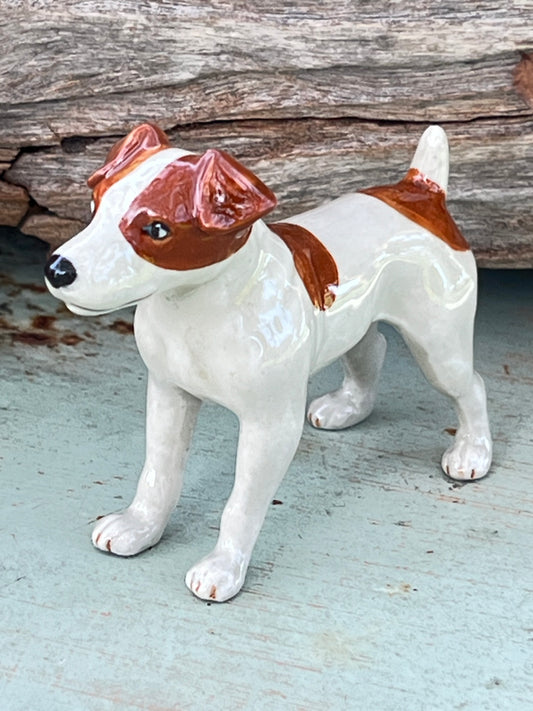 Miniature Porcelain Dog Figurine Brown And White Jack Russell Terrier Standing Dog Breed