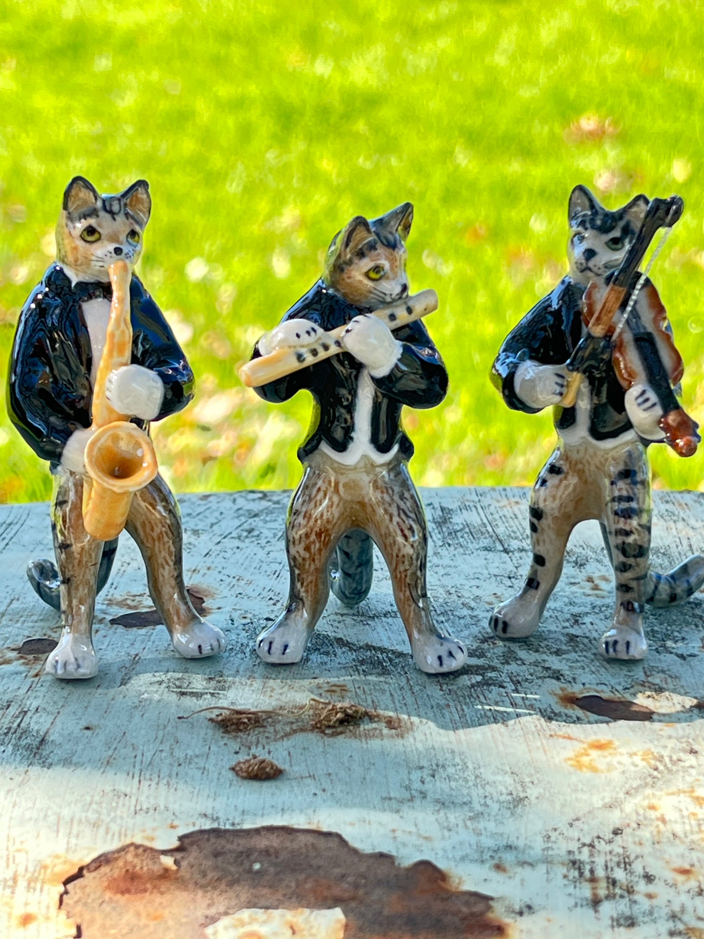 Miniature Porcelain Cat Kitten Figurines Cats Playing Musical Instruments Violin Trumpet Flute