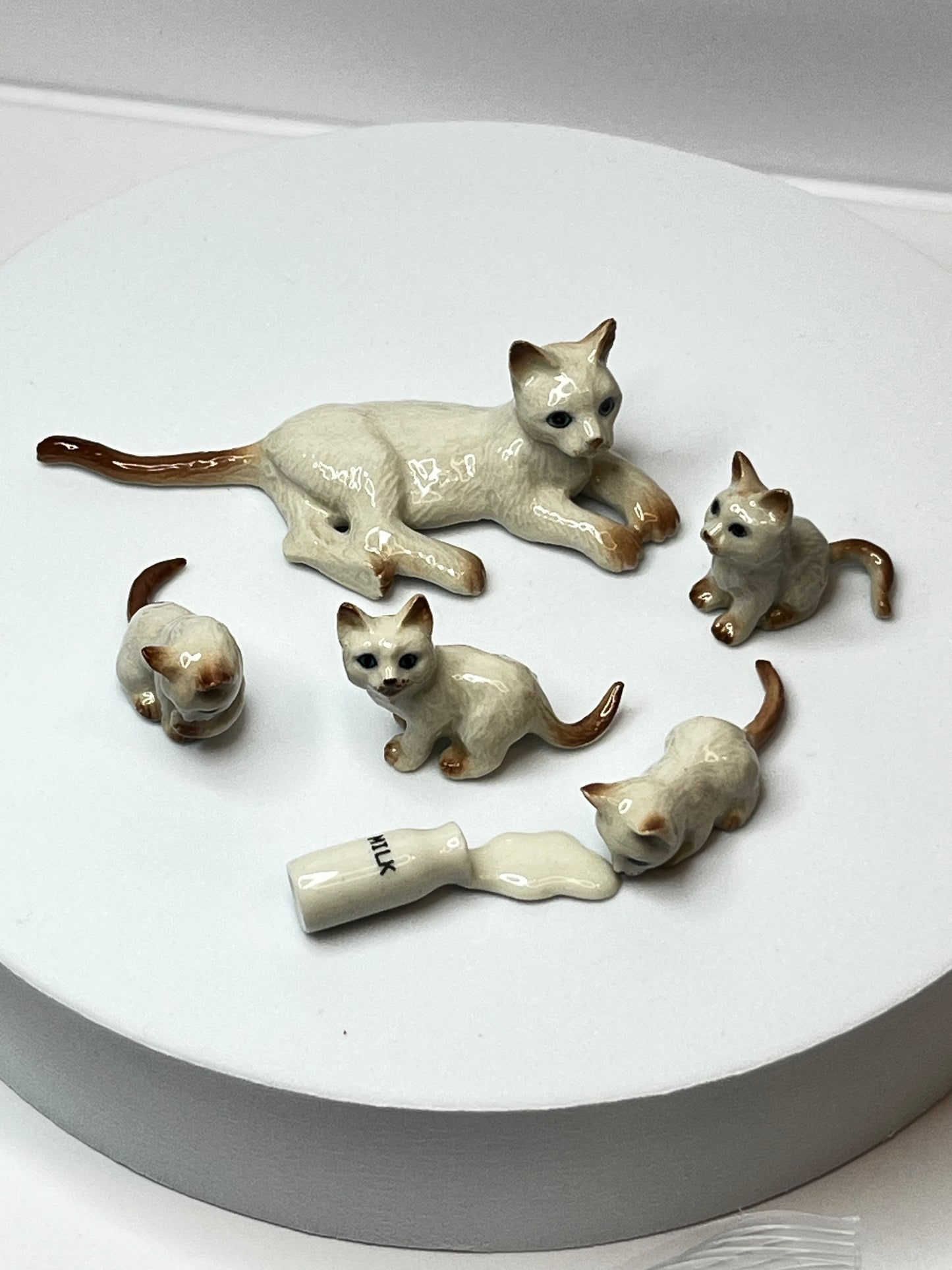 Miniature Porcelain White and Ginger Mother Cat with Kittens and Milk Bottle Figurine