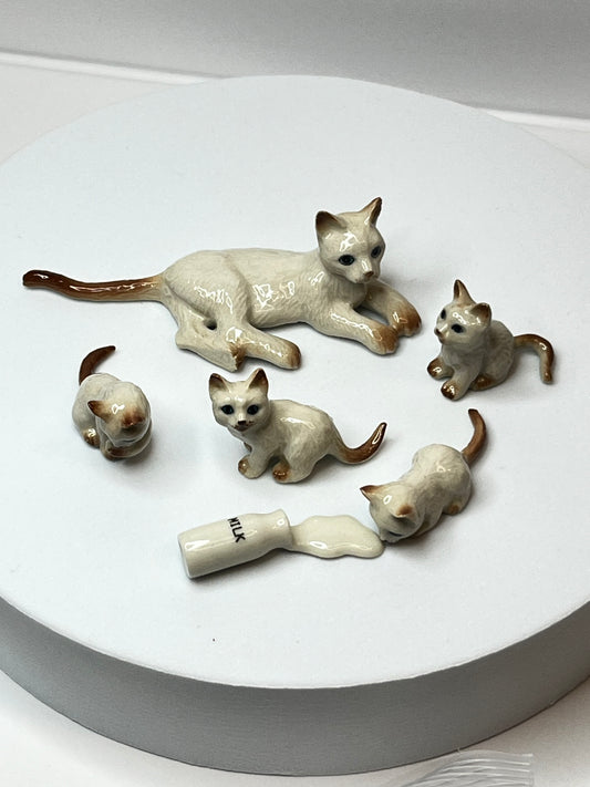 Miniature Porcelain White and Ginger Mother Cat with Kittens and Milk Bottle Figurine