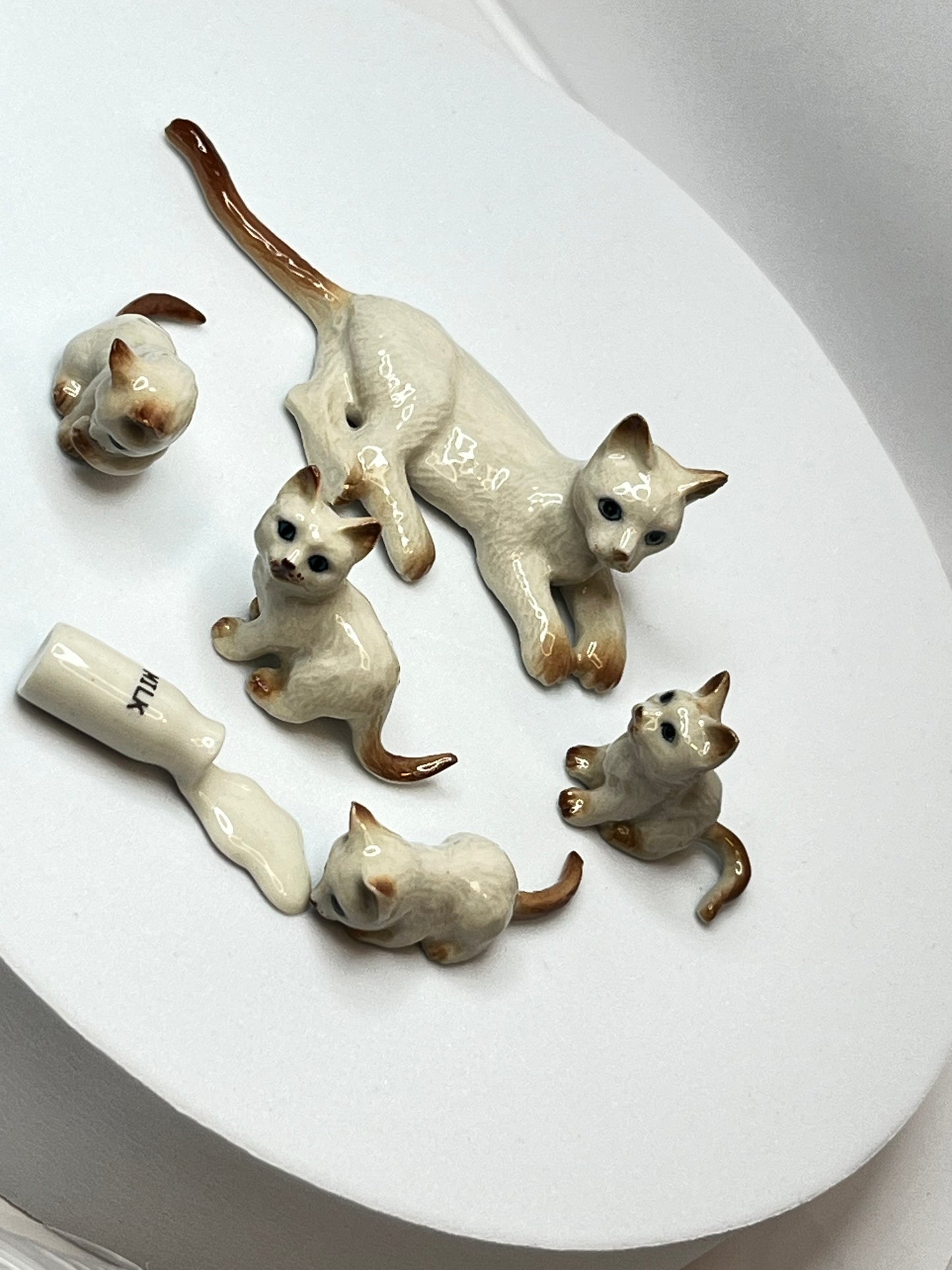 Miniature Porcelain White and Ginger Mother Cat with Kittens and Milk Bottle Figurine