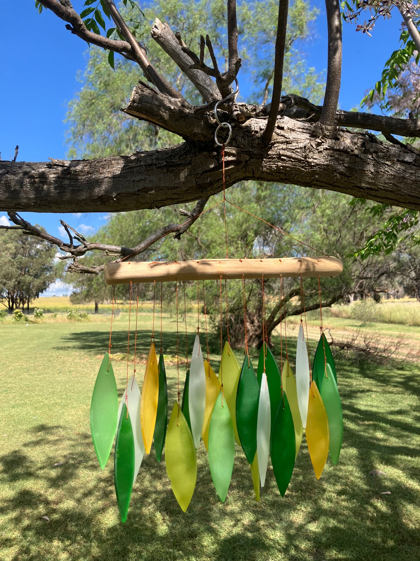 Green and White Glass  Wind Chime With Driftwood