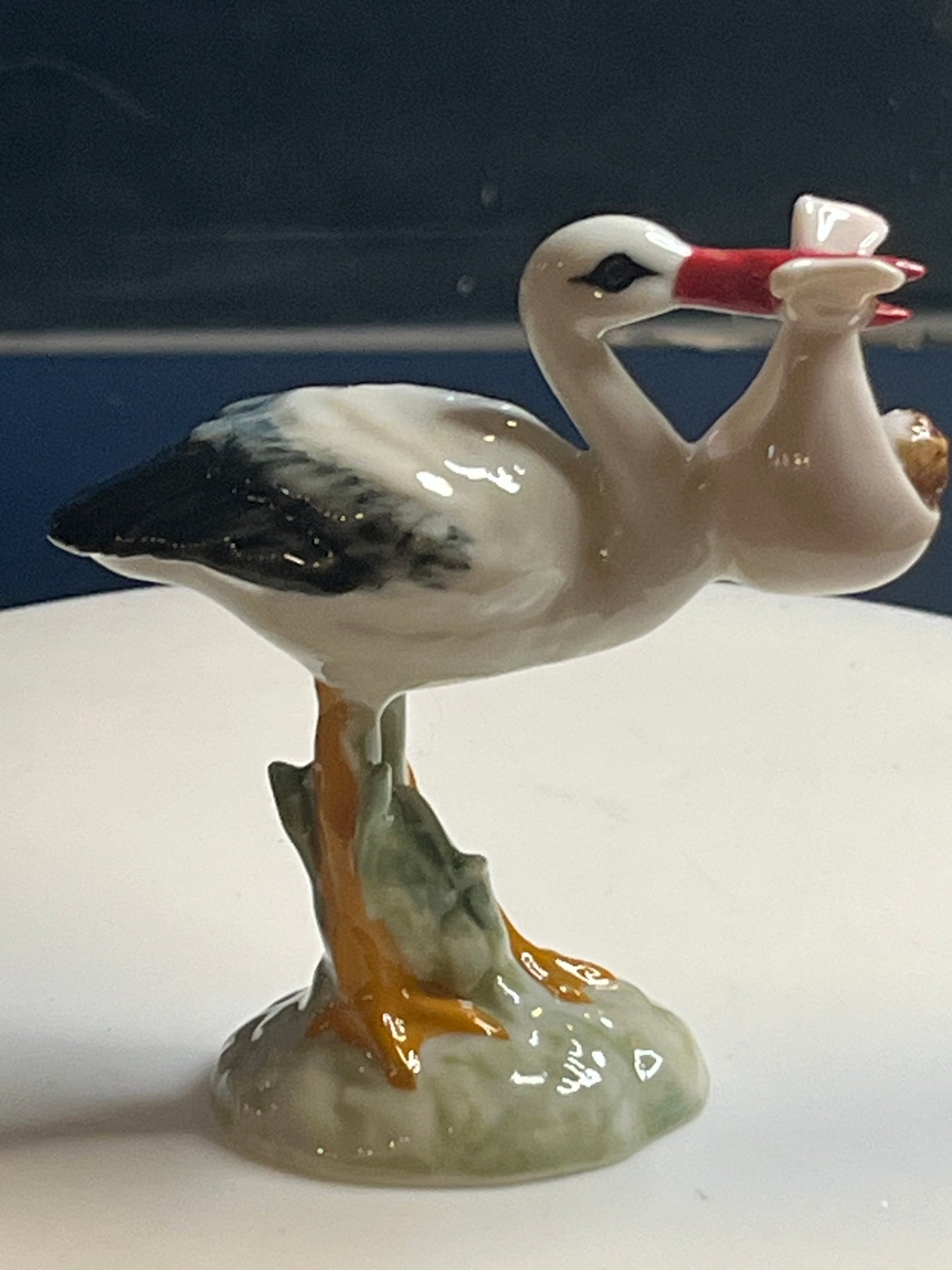 Miniature Hand Painted Porcelain Stork With Baby Girl