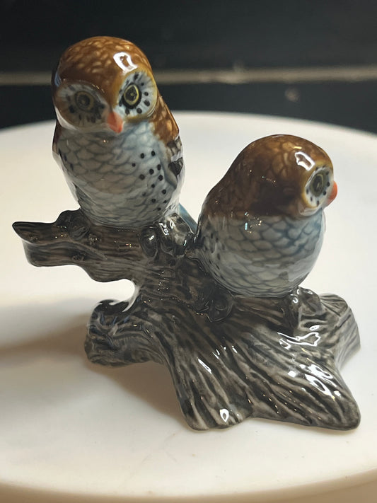 Miniature Hand Painted Porcelain Owls Sitting on Log