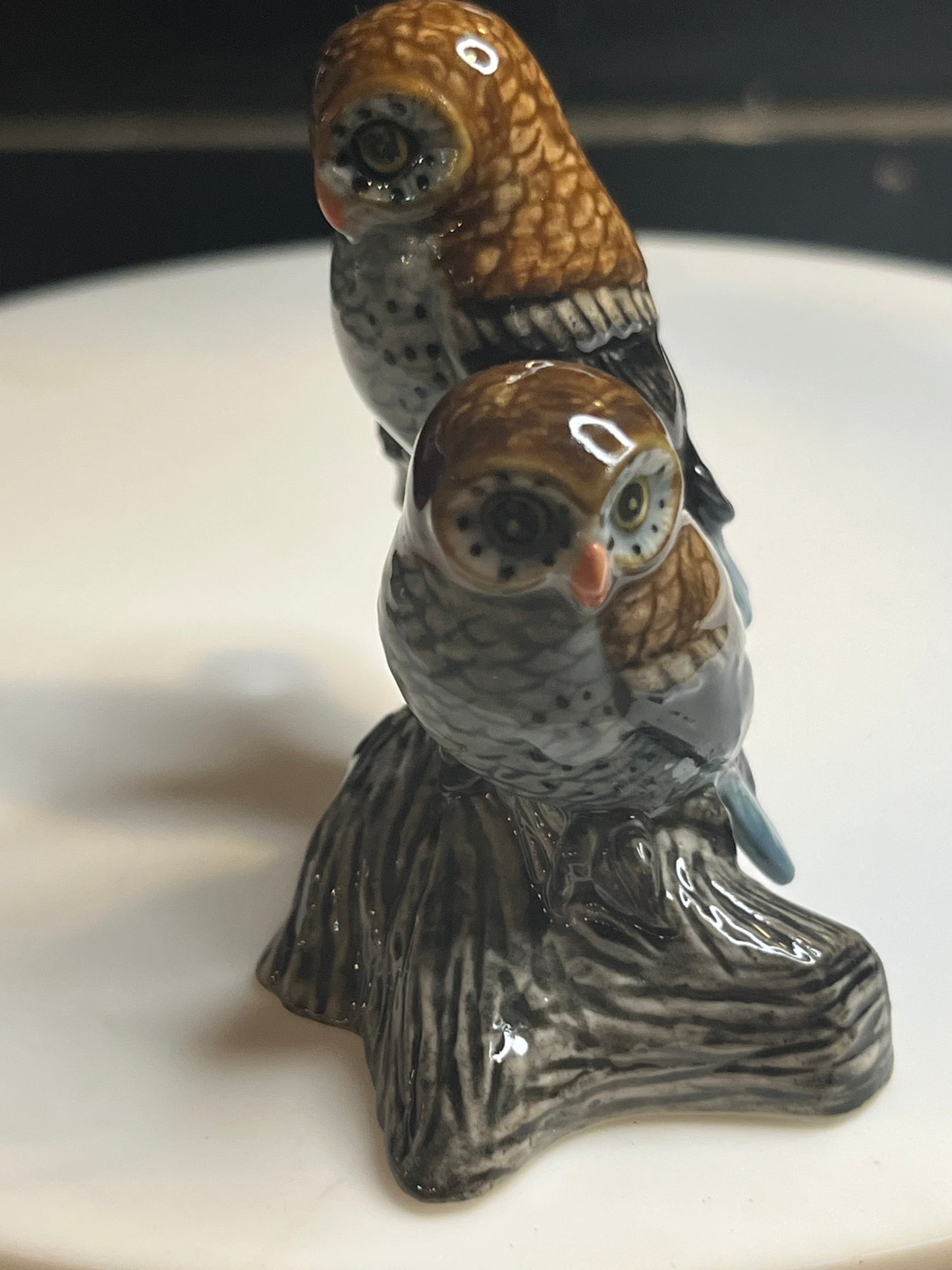 Miniature Hand Painted Porcelain Owls Sitting on Log