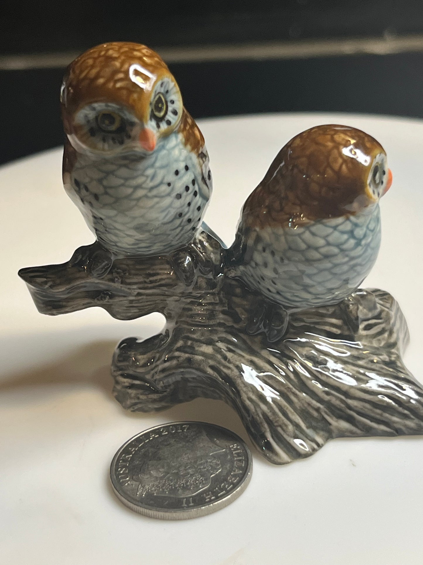 Miniature Hand Painted Porcelain Owls Sitting on Log