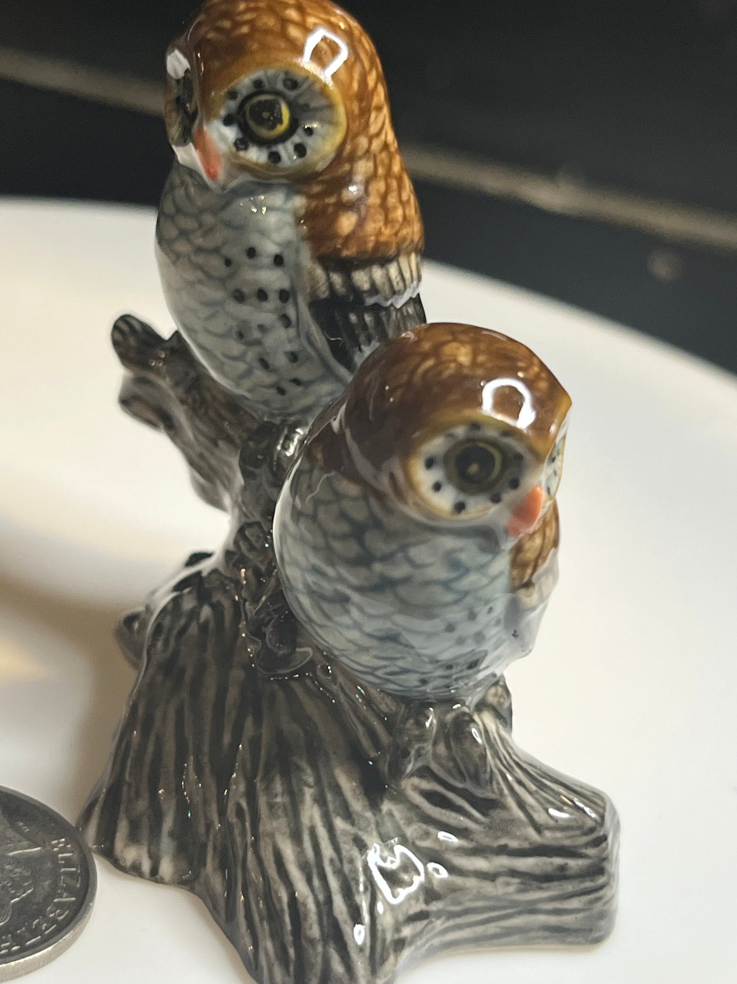 Miniature Hand Painted Porcelain Owls Sitting on Log