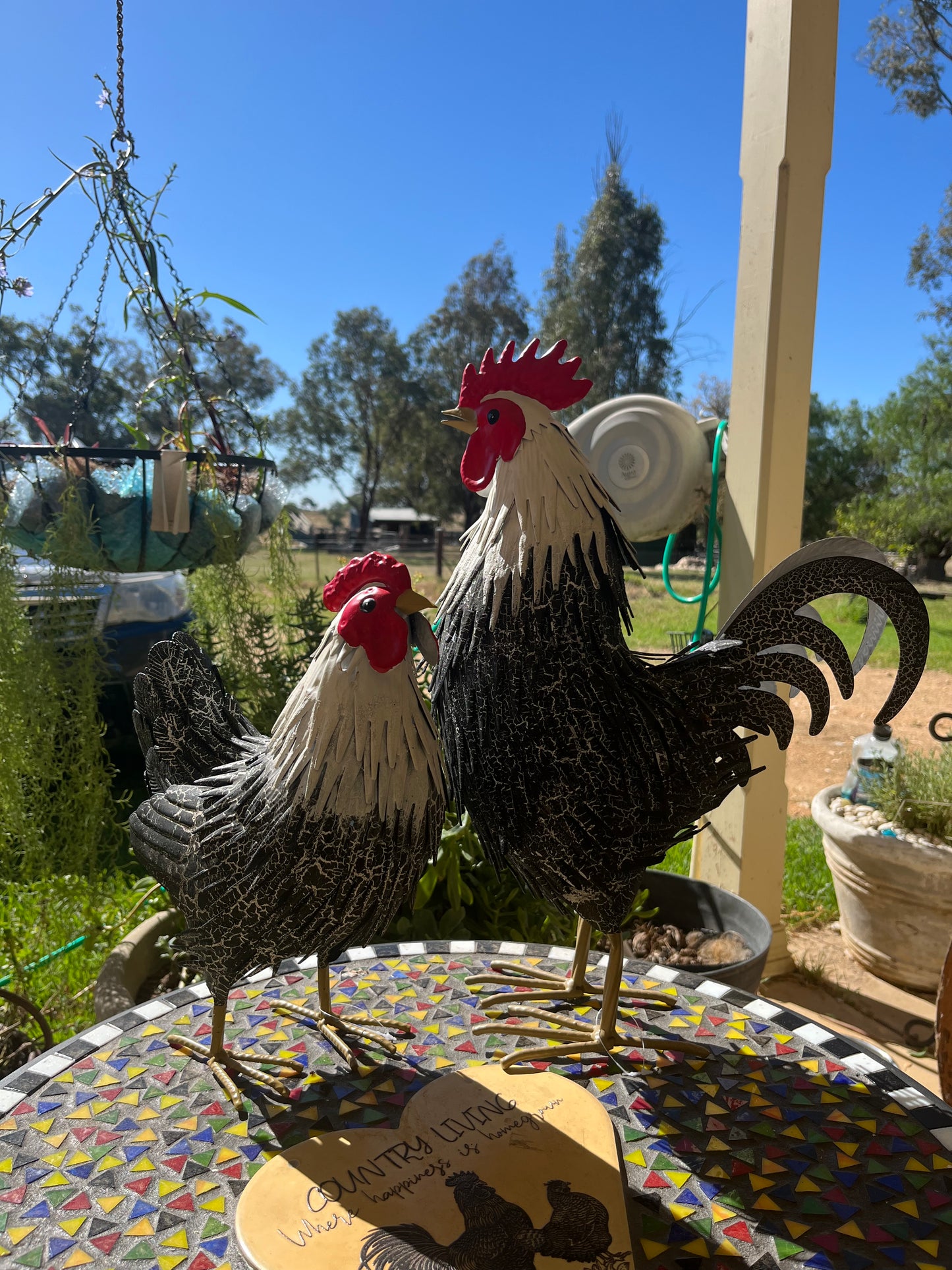 Mr and Mrs Rooster Chicken and Roster Metal Garden Ornament