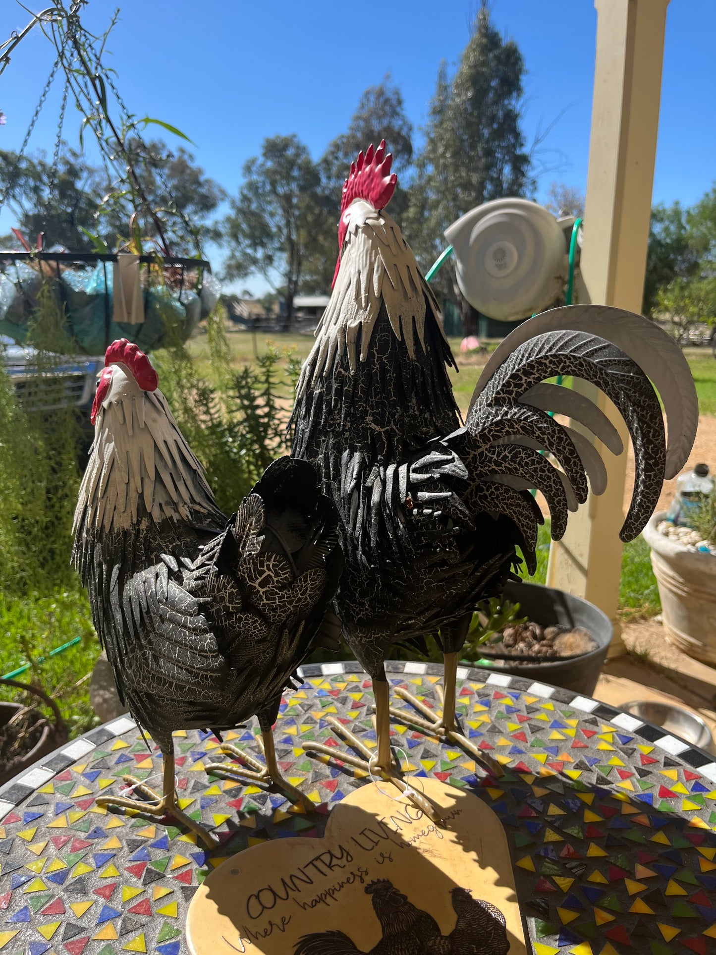 Mr and Mrs Rooster Chicken and Roster Metal Garden Ornament