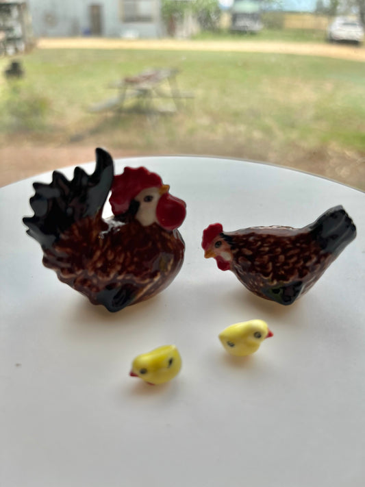Miniature Porcelain Rooster and Hen Family 4pcs