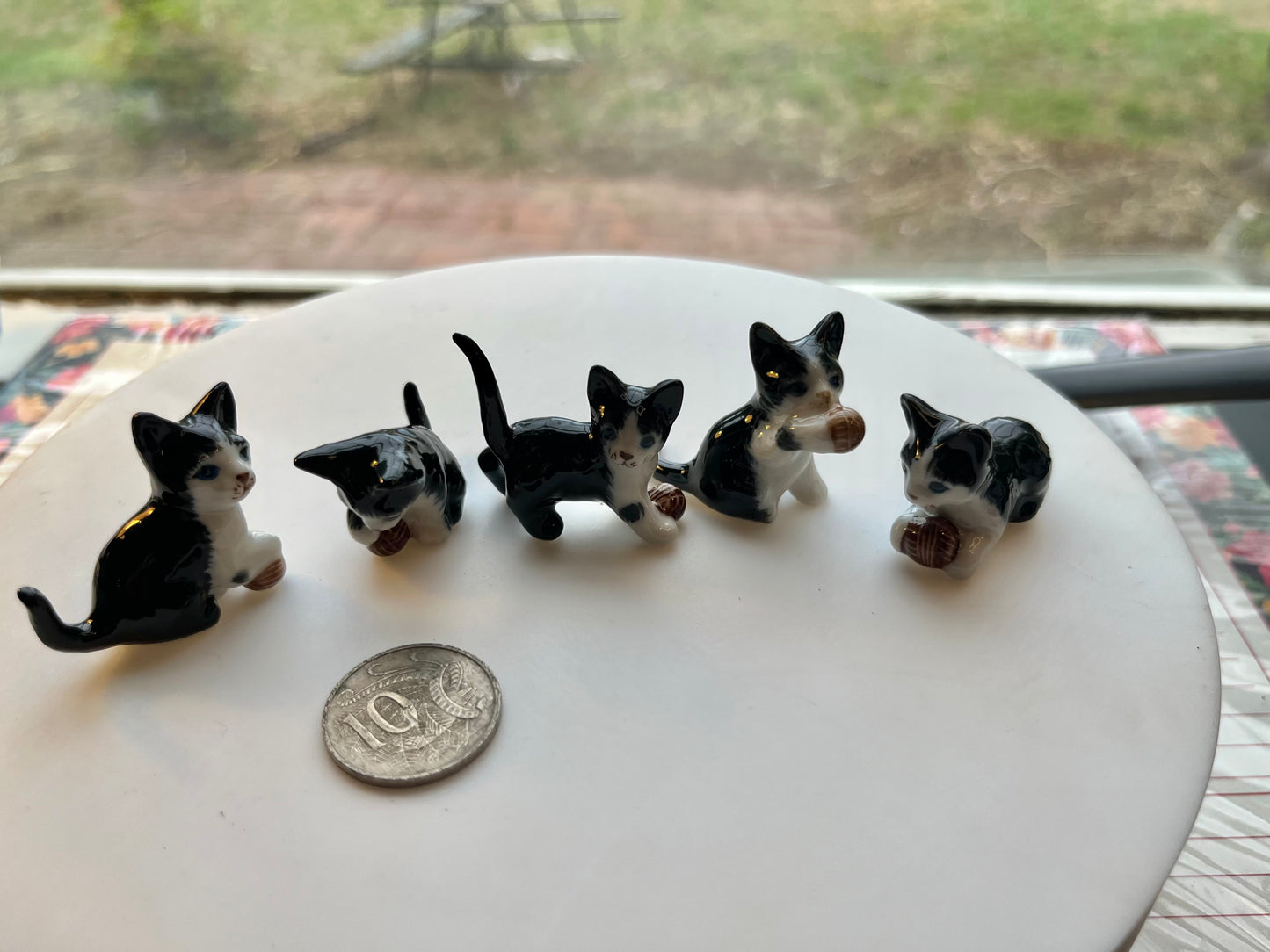 Miniature Porcelain Black and White Kittens CaMts Playing with Wool 5 Pcs Set