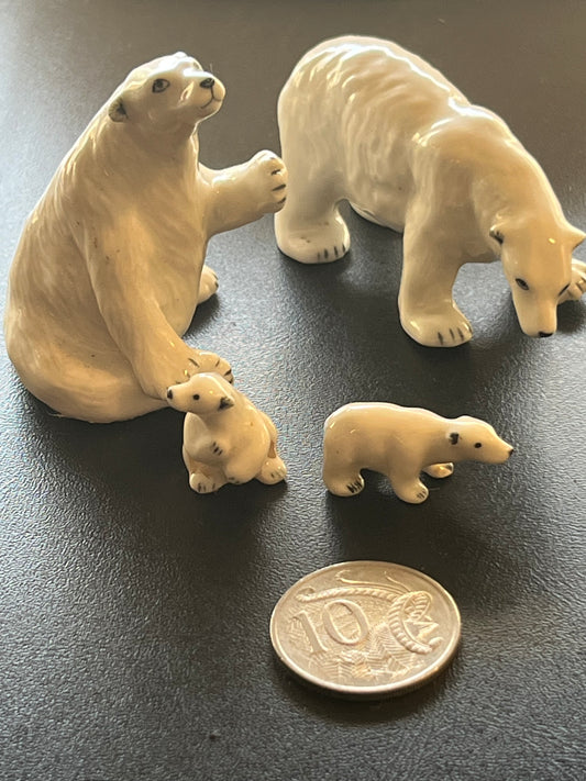Miniature Porcelain  White Polar Bear Family 4 pcs